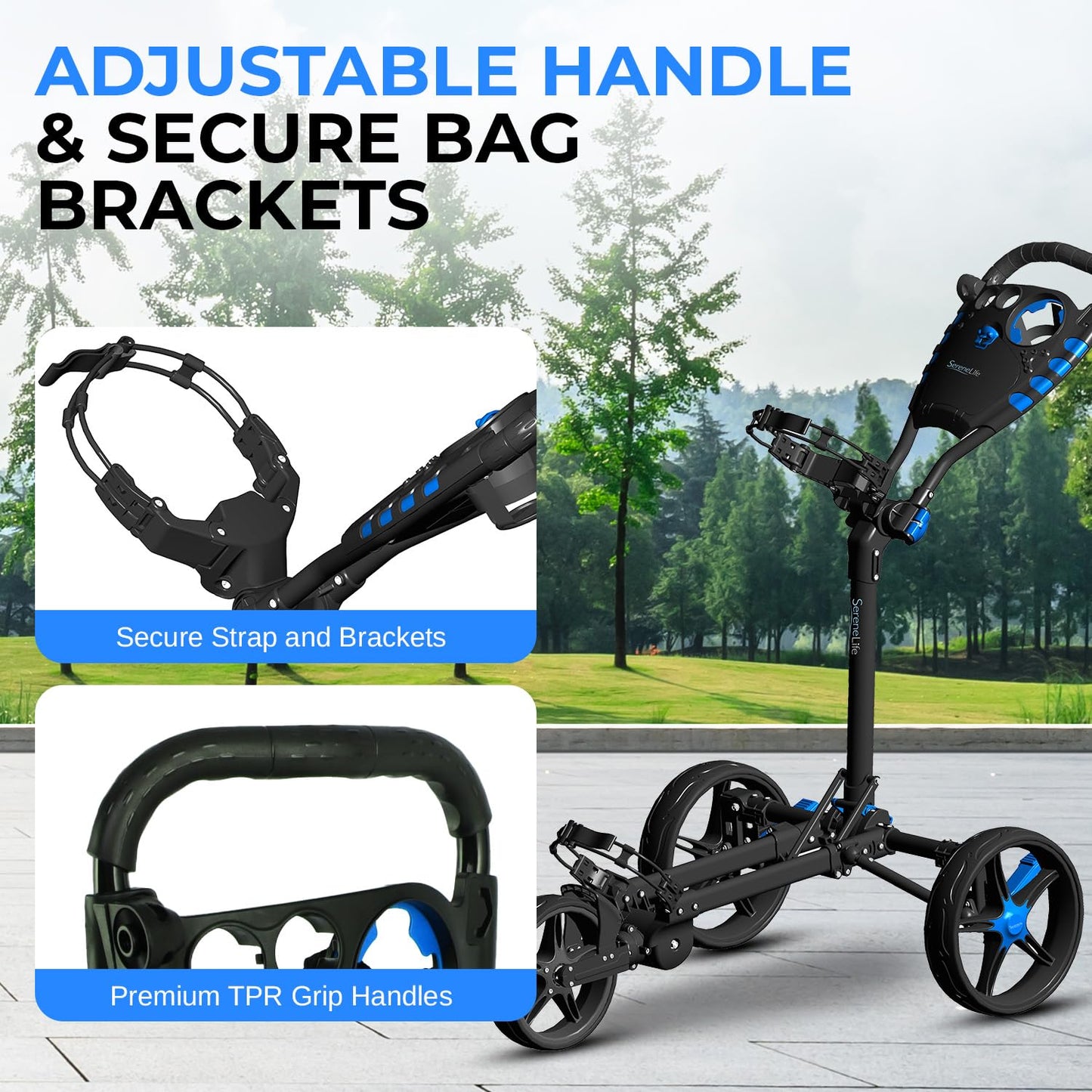 SereneLife 3 Wheel Golf Push Cart – Lightweight, Foldable, Collapsible, Adjustable Handle, Golf Caddy Accessories, Built-In Cooler Storage/ Scorecard/ Cup Holders, Compact for Travel