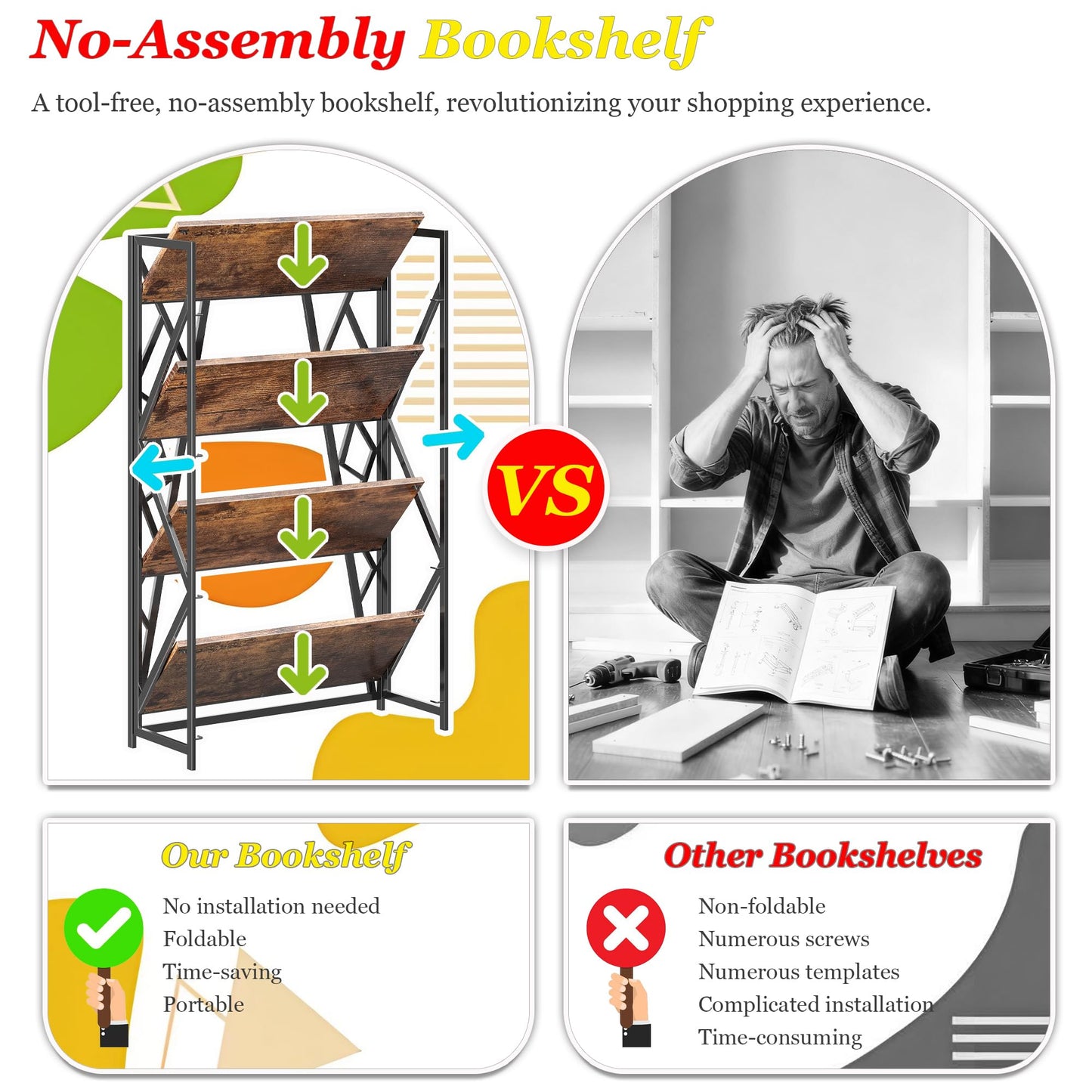 UDD No Assembly Wide Folding Bookshelf, 50.8" H x 30.9" W, 4 Tier Foldable Book Shelf Industrial Bookcase, Vintage Collapsible Storage Shelves for Home Office Living Room Bedroom, Rustic Brown Black