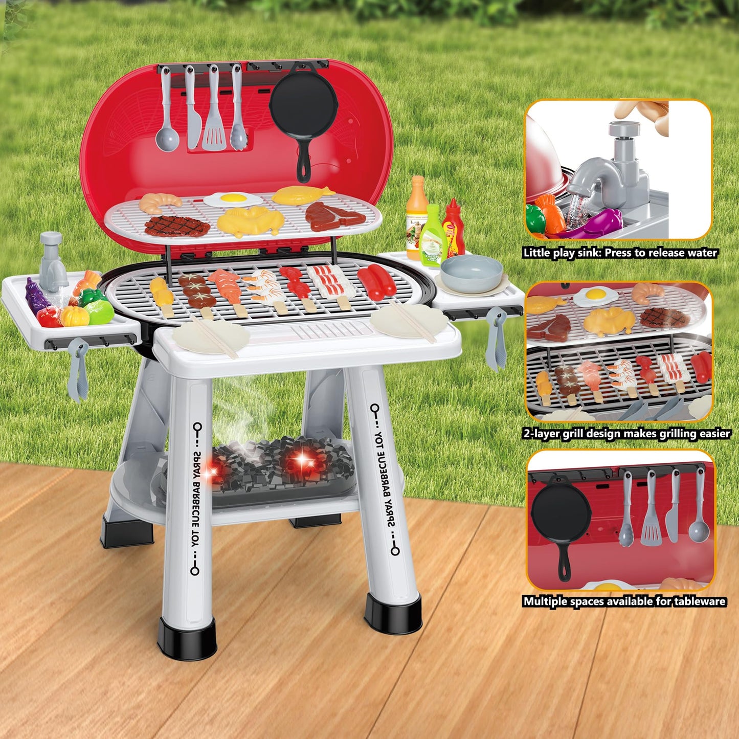 Play Kitchen Sets Toy for Toddlers 3-5, Indoor Outdoor Interactive Kids BBQ Grill Playset with Smoke, Sound & Light, Pretend Cutting Food, Christmas Birthday Gift for Boys and Girls 4-8.