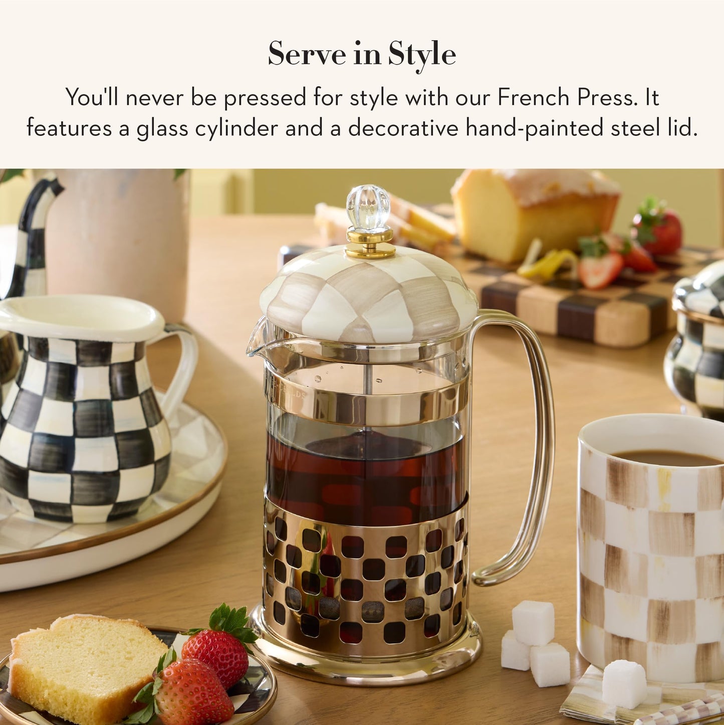 MACKENZIE-CHILDS Coffee French Press, Glass French-Press Coffee Maker, 32-Ounce Capacity, Brown-and-White Mocha Check
