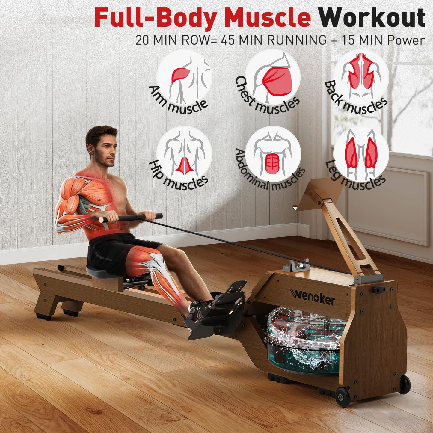 WENOKER Water Rowing Machines for Home Use, Rower Machine with Smart Electronic Knob,Wooden Row Machine with LCD Monitor & Comfortable Seat, Bluetooth App Compatible for Home Gym Exercise 350 LBS