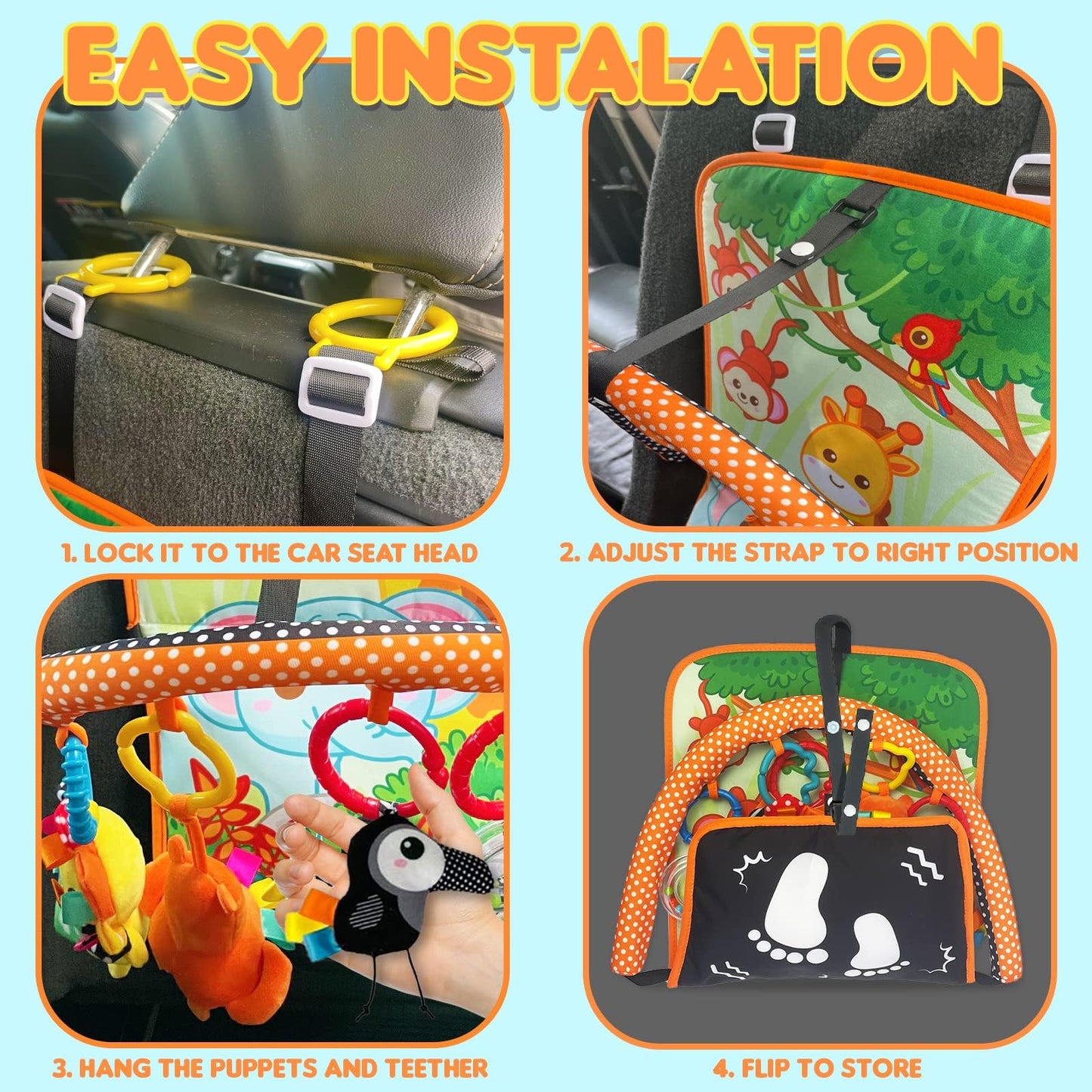 Innofans Baby Car Seat Animals Toys - Kick and Play Double Sided Infant Car Seat Toys with Plush Toys, Mirror, Teether for Baby, Babys Travel Activities, Christmas Birthday Gifts Newborn Infant Toys