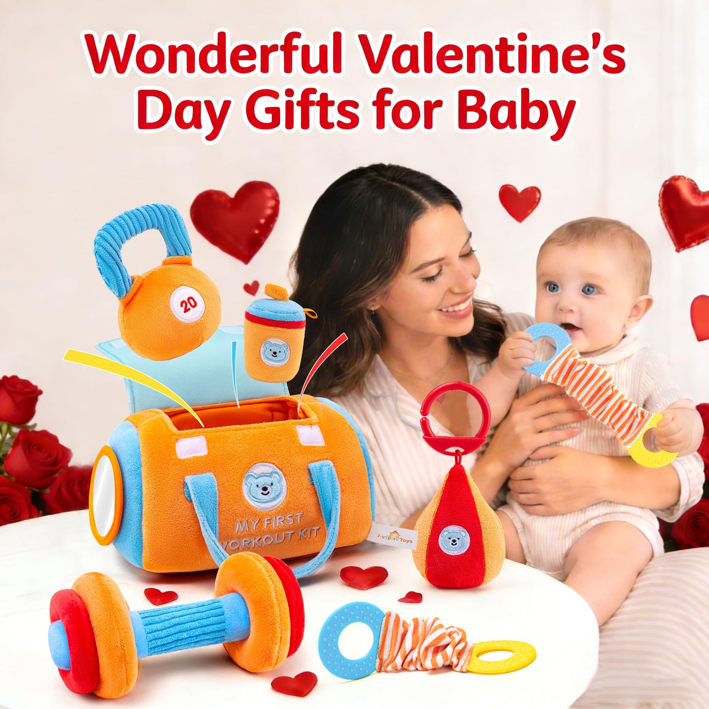 Baby Toys 3-6-12 Months Sensory Toy for Babies Workout Dumbbell Weights Toy Set with Rattles,Crinkle,Mirror & Teether,Montessori Toys for 6 Month Old Infant Baby Girl Boy Gifts