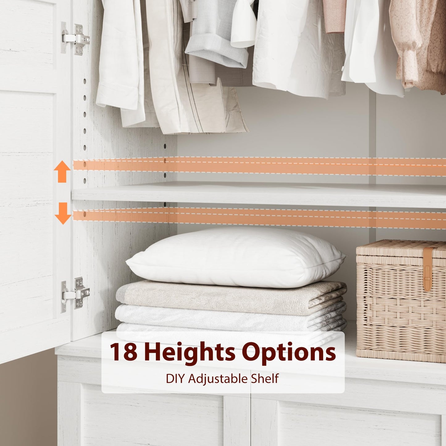 GarveeHome Armoire Wardrobe Closet with 4 Doors, 72 in Wooden Wardrobe Cabinet with Hanging Rod, Freestanding Tall Clothing Armoire Storage Cabinet with Adjustable Shelves for Bedroom, Rustic White