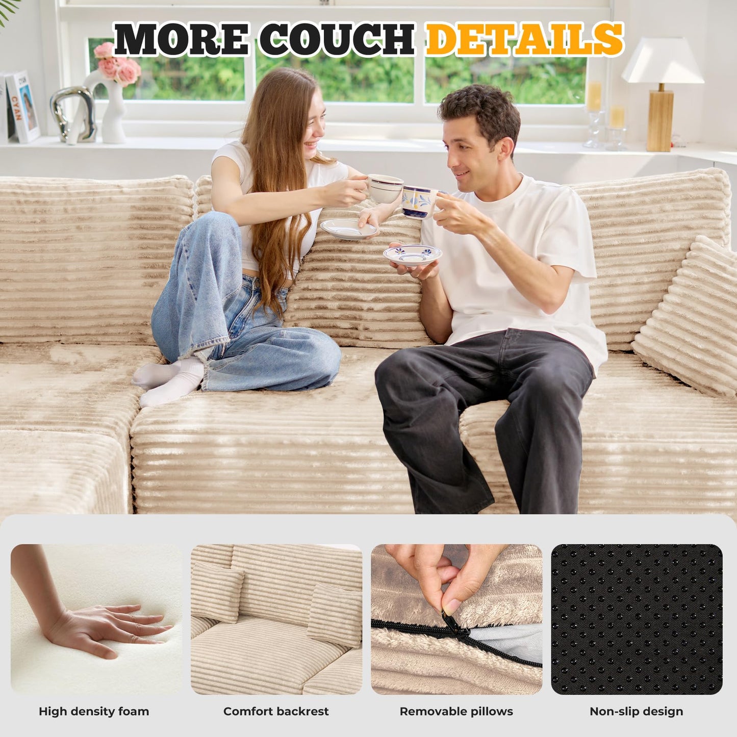 113" Modular Sectional Sofa, Convertible L-Shaped Cloud Couches for Living Room with Ottoman, 4 Seater Corduroy Boneless Couch Sofa Set, No Assembly Required, Khaki 1 PCS