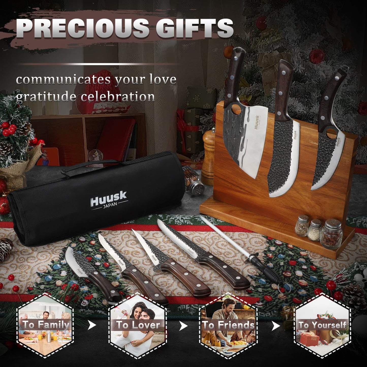 Huusk Butcher Knife Set for Meat Cutting 10pcs Viking Kitchen Serbian Chef Knife with Roll Bag Hand Forged Brisket Knives Meat Cleaver for Men Gift BBQ Outdoor Camping