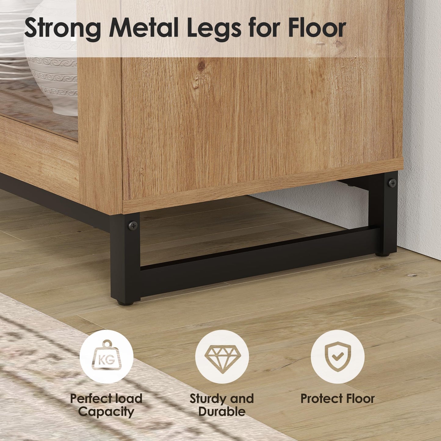 WAMPAT Modern TV Stand with Glass Doors for 110 inch TVs, 3 in 1 Entertainment Center Console with Adjustable Shelves and Metal Base for Living Room, Bedroom, Oak
