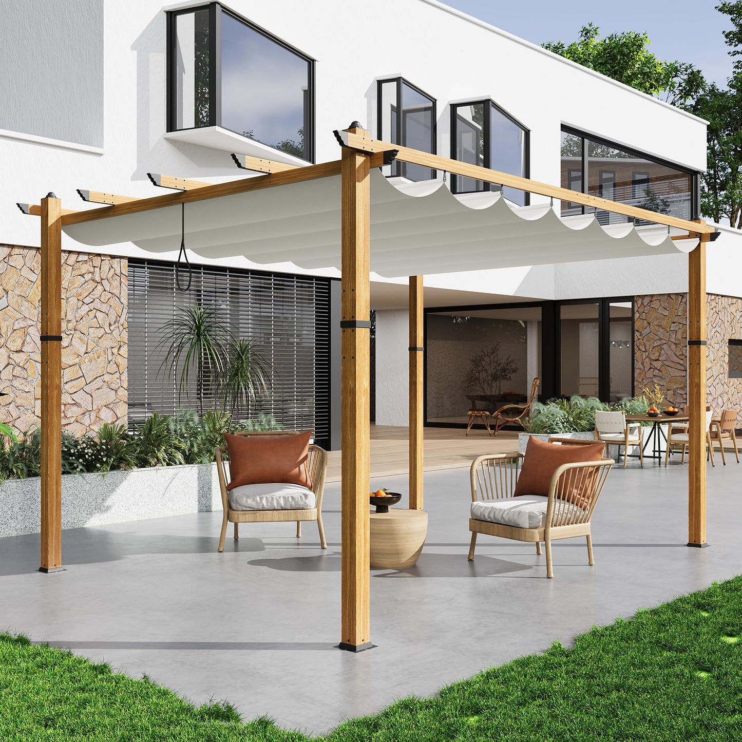 BouPower 10 x 13 ft Aluminum Pergola with Adjustable Canopy, Outdoor Metal Pergola, Imitation Wood-Grain Sun Shade Shelter for Garden Patio Backyard Deck