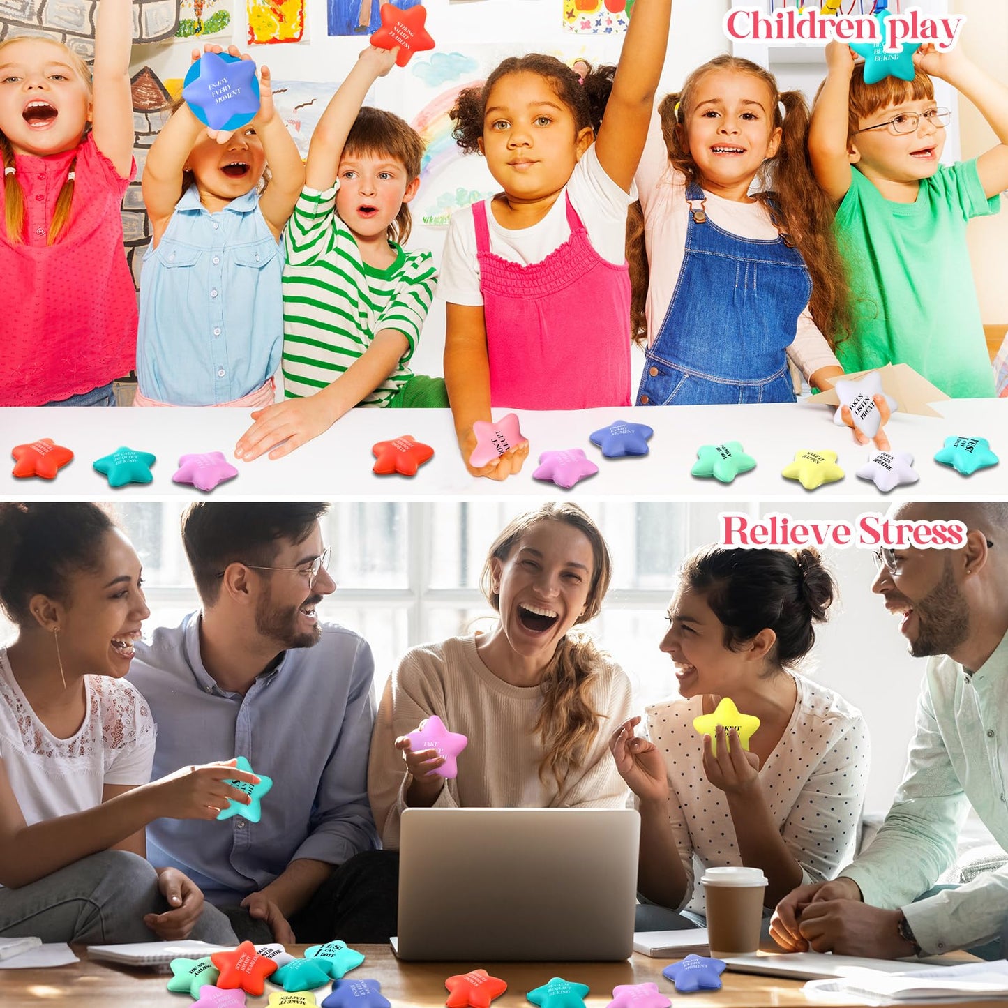 Sotiff 100 Pack Star Stress Balls Bulk for Adults Kids Stress Relief Balls with Motivational Quotes Mini Inspirational Foam Squeeze Gifts Party Favors Toys for Anger Fidget Relief(Cute Colors)