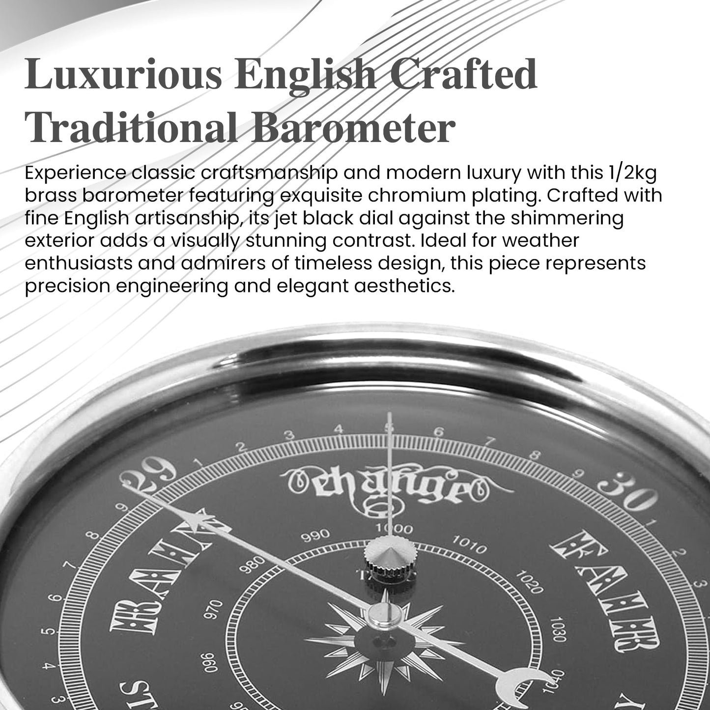 Tabic Prestige Traditional Barometer in Chrome with a Jet Black Dial, Heavy Brass Case (1/2kg) Electroplated with Chromium, Handmade in England