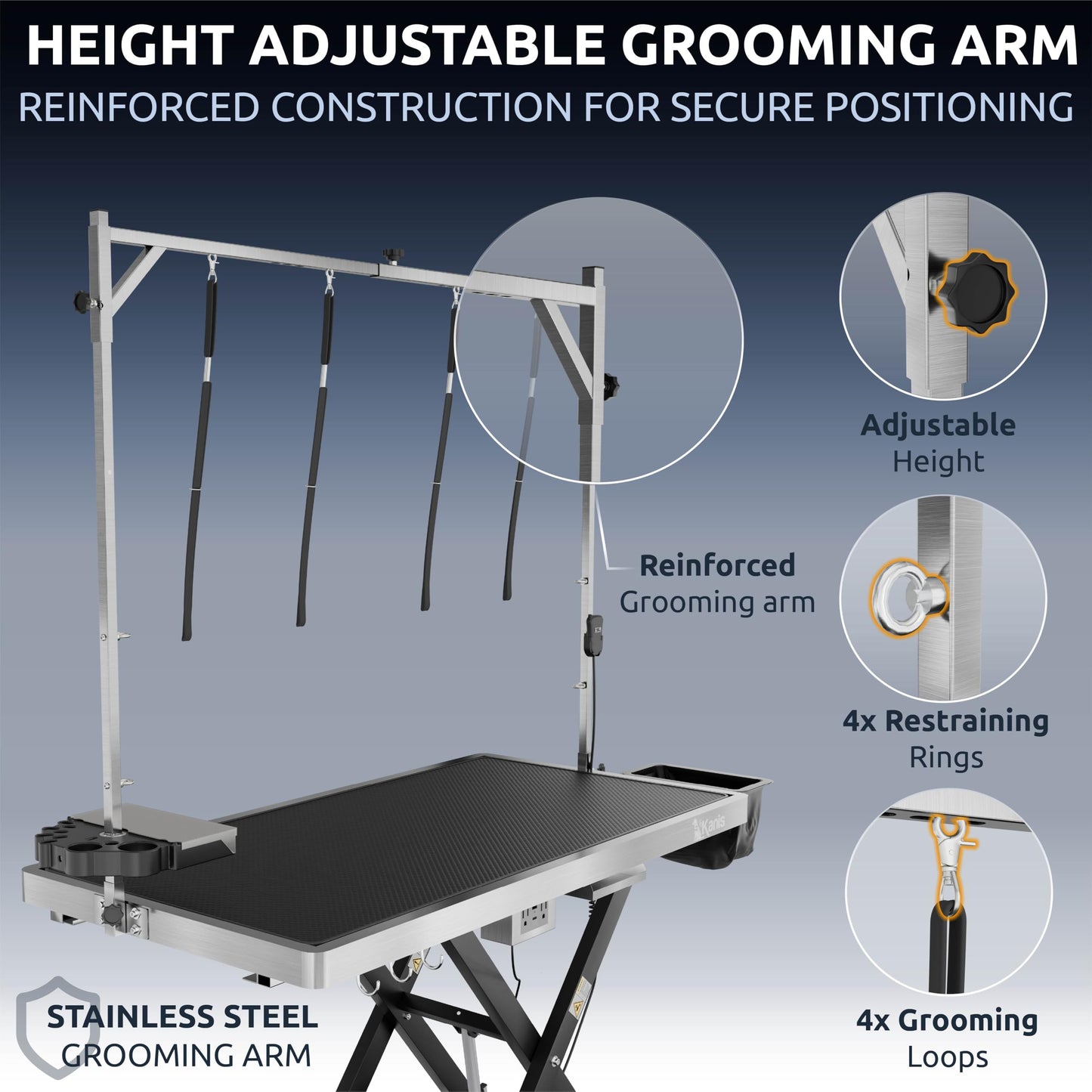 KANIS Professional Electric Dog Grooming Table - Heavy Duty, Height Adjustable Pet Grooming Table w/Leveling Wheels, Grooming Arm, Anti Slip Tabletop & Tool Organizer/Dog Grooming Station (49", BLACK)