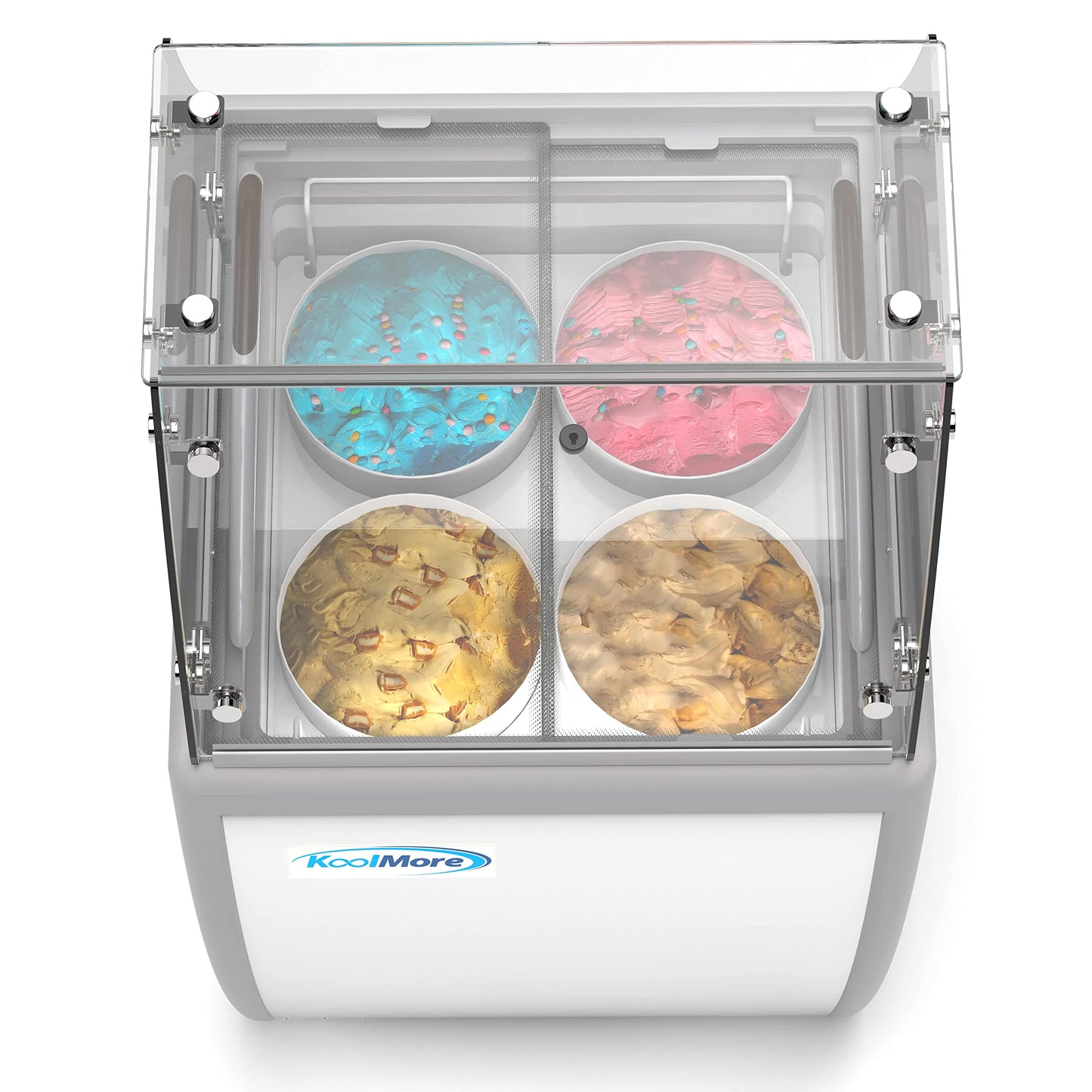 Koolmore 26 inch Commercial Ice Cream Dipping Cabinet Display Case, 4 Large Displayed Tubs, 2 Storing Tube, Sliding Glass Door, Rolling Wheels and Lockable Breaks [5.7 Cu. Ft.] (KM-ICD-26SD) White