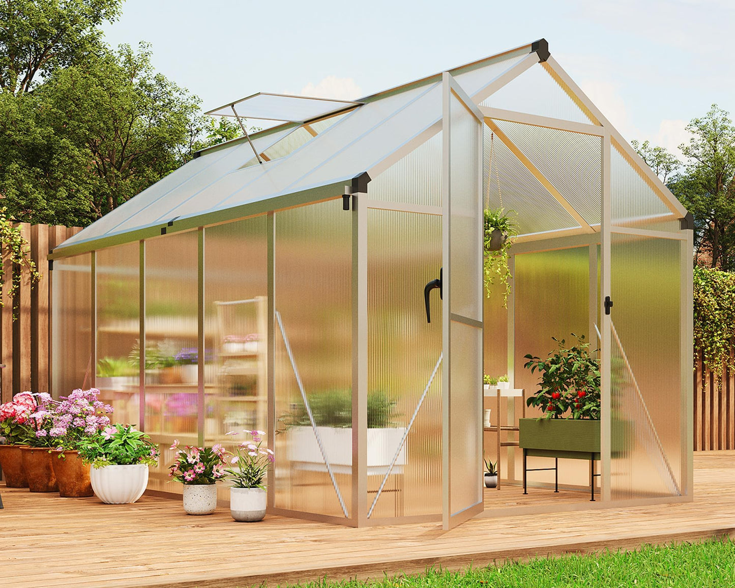 6X10 FT Greenhouse for Outdoors, Polycarbonate Flower Greenhouse with Roof Vent, Push-Pull Lockable Door, Aluminum Walk-in Greenhouses for Outside Garden Backyard, Patio, Lawn, Silver