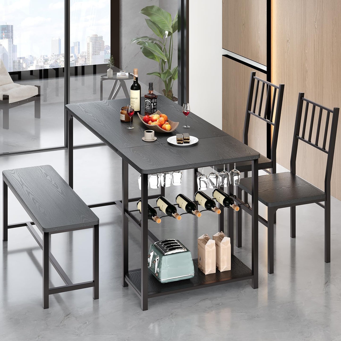4 EVER WINNER Dining Table Set for 4, 55" Small Kitchen Table with Wine Rack & Wine Glasses Holder, Dining Room Table Set with 2 Chairs and Bench for Small Space, Black