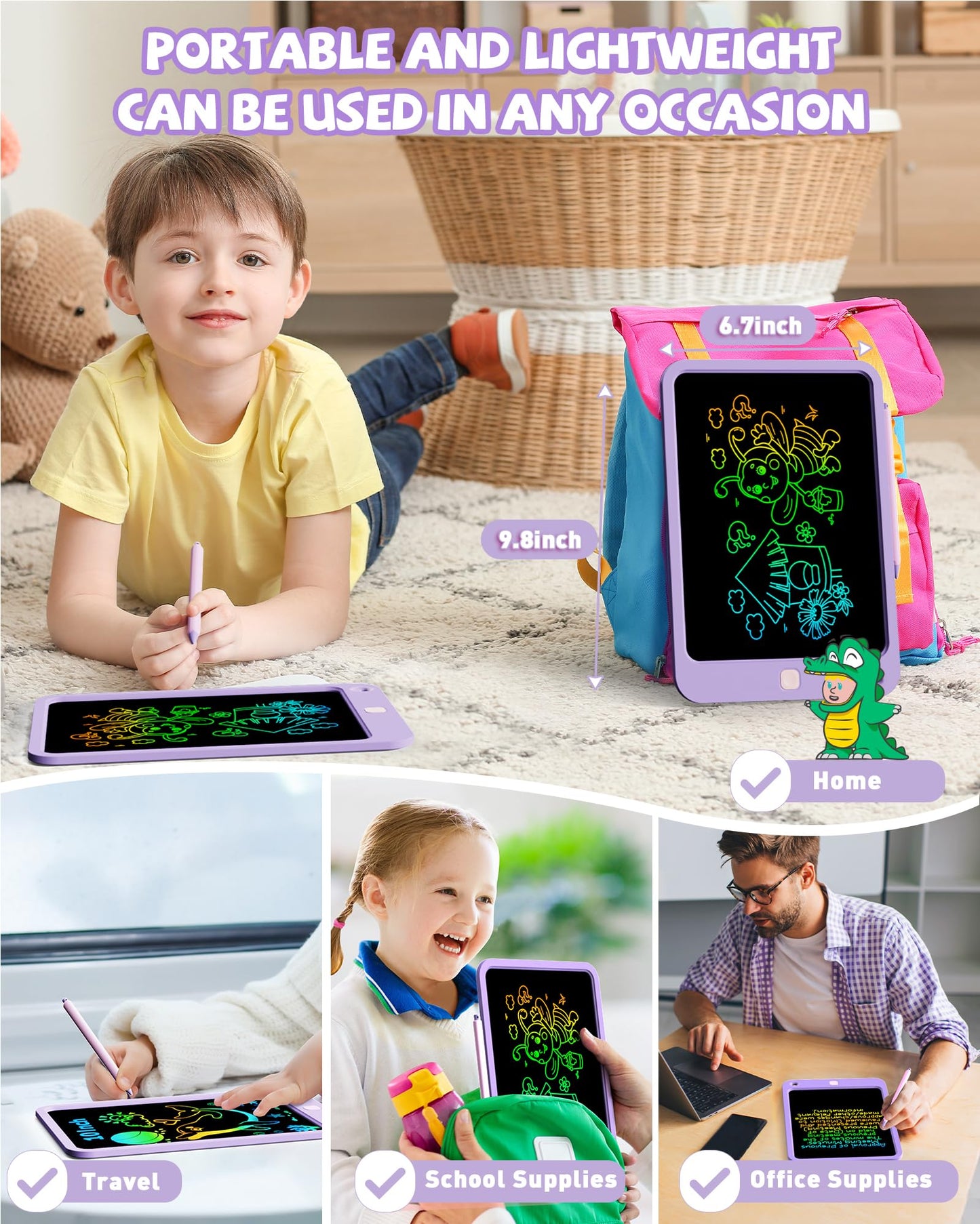 KOKODI LCD Writing Tablet for Kids, 10 Inch Colorful Drawing Tablet, Educational Learning Kids Toys for Age 3-12 Years Old, Toddler Doodle Board, School Supplies for Girls, Birthday Gifts,Purple