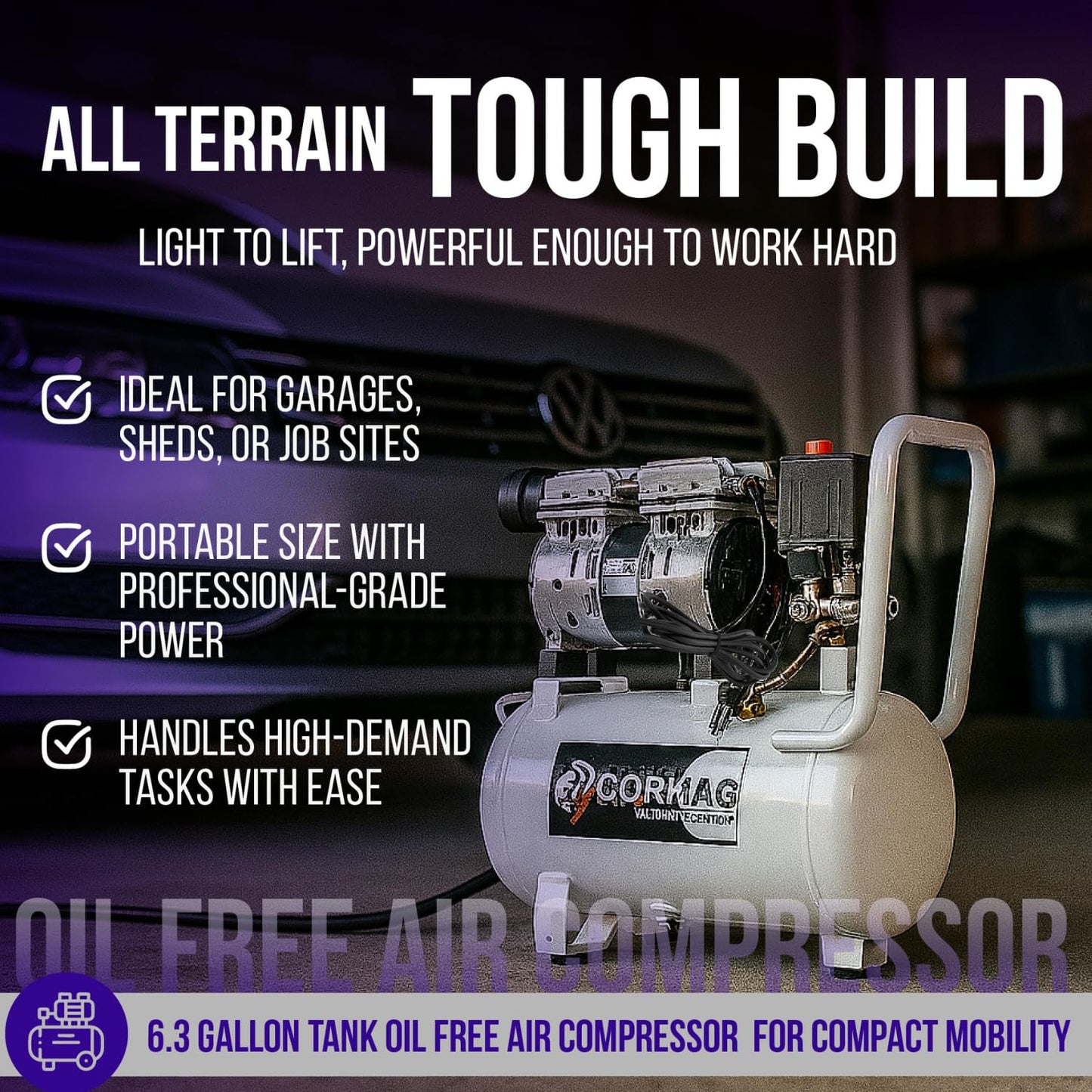 Brevix 6.3 Gallon Ultra Quiet Air Compressor, 2HP 3.35 CFM@ 90PSI Pressure | 2800 RPM Oil-Free Portable Steel Tank filled in 60s, 60dB Quiet Compressor for Airbrush, Tire Inflation & Tools, 110V/60hz