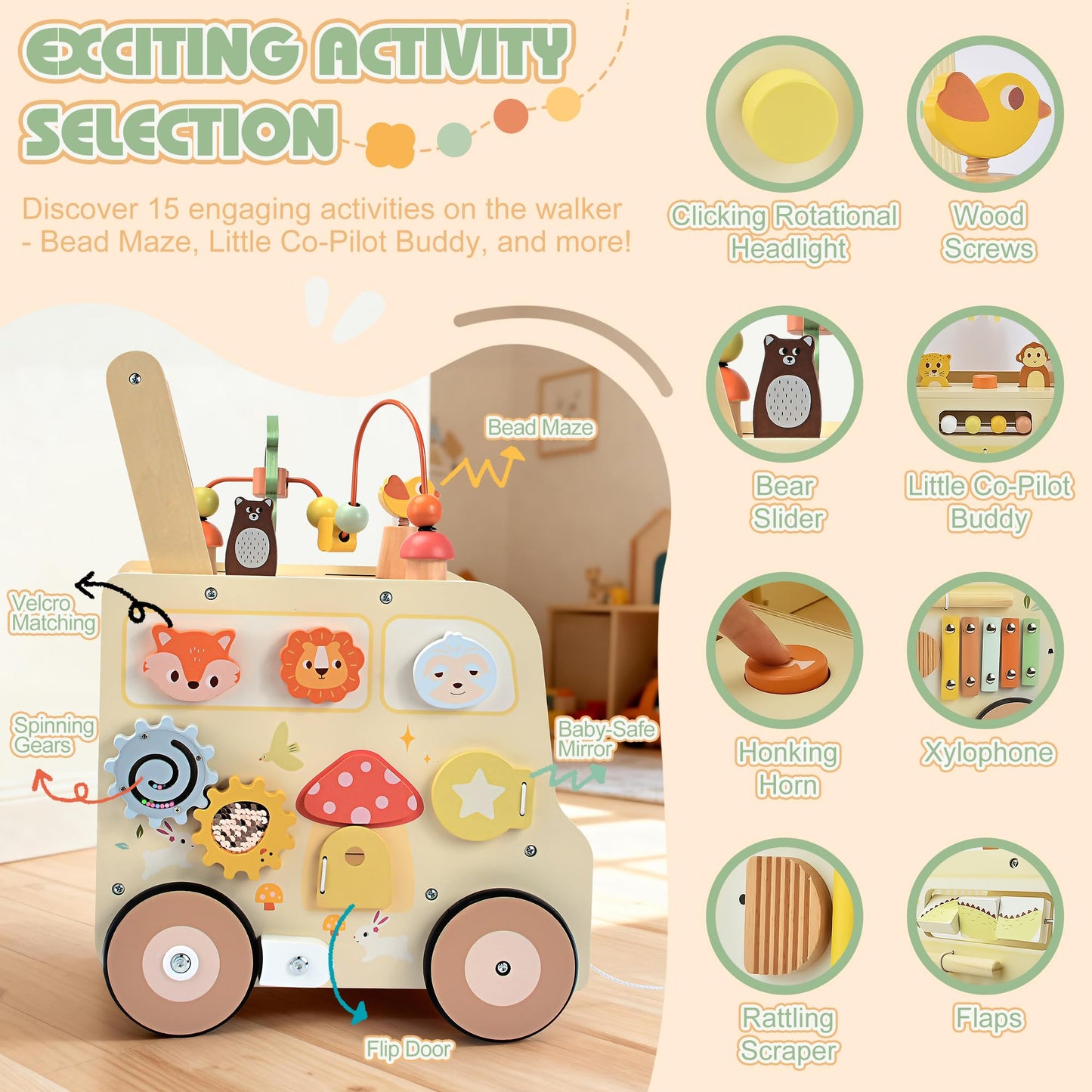 Pithfor Wooden Activity Cube Push Walker, Wooden Baby Walker, Montessori Toys for Babies 10-12 Months 1 2 3 Years Old Boys & Girls, Help Learning to Walk & Sit-to-Stand