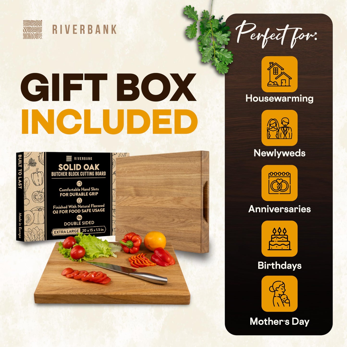Riverbank Solid Wood Oak Butcher Block Cutting Board in Extra Large XL Size 20"x15"x1.5", Reversible Wooden Chopping Board with Handles, Gift Box Included
