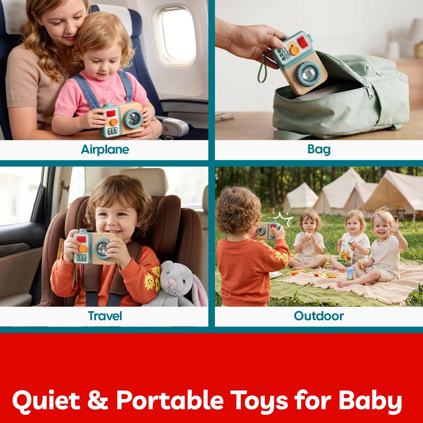 TOP BRIGHT Busy Board for 1 Year Old, Montessori Sensory Toys for Toddlers 1-3, Fine Motor Skills Busy Camera, Travel Toys for Babies 12-18 Months on Airplane Car, 1 Year Old Boy Girl Birthday Gifts