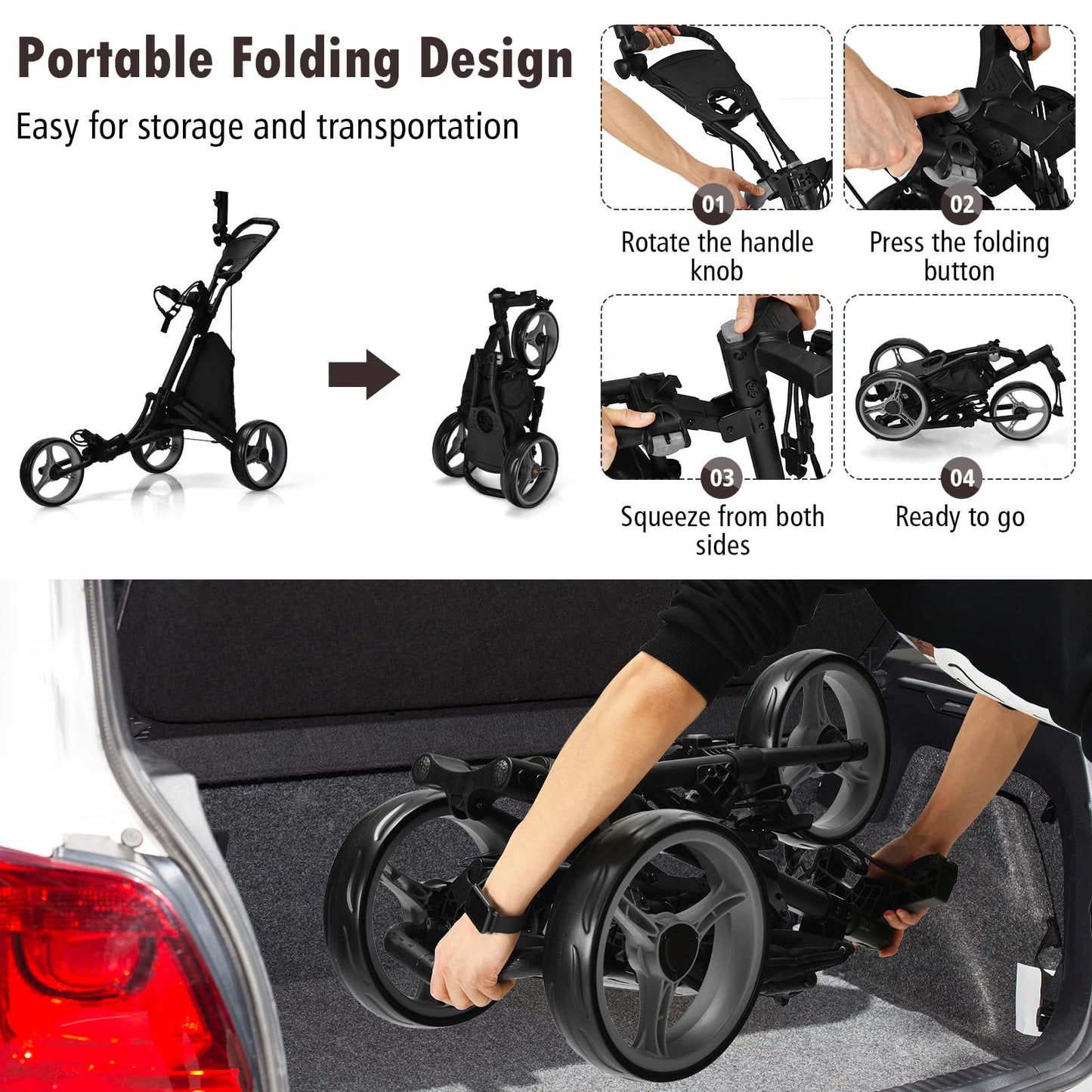 ULTIMATE 3 Wheel Golf Push Cart, Aluminum Folding Golf Walking Push Cart w/Elastic Strap, Umbrella & Cup Holder, Scoreboard Storage, Insulated Storage Bag, Adjustable Handle & Foot Brake (Gray)