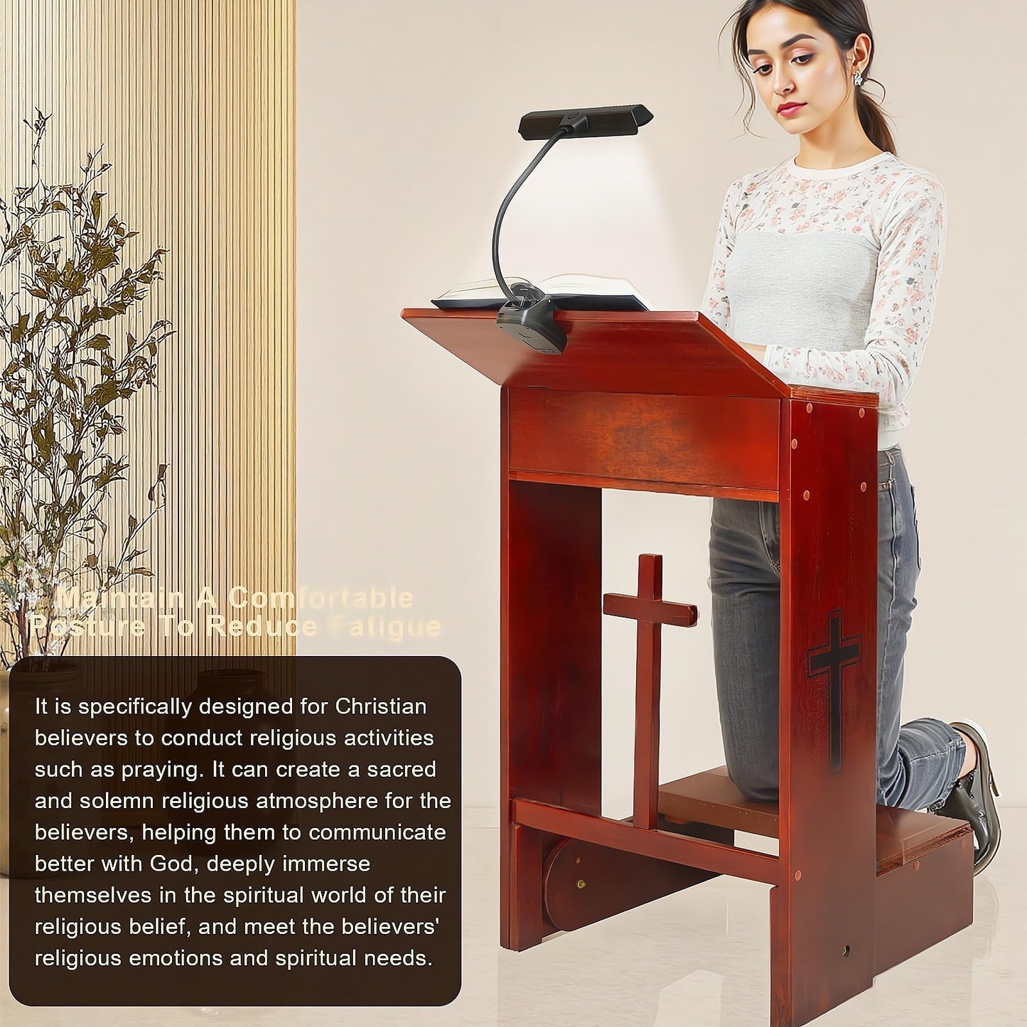 Prayer Bench Stool with LED Lamp, Table Chair Padded Kneeler Shelf Folding Wooden Church