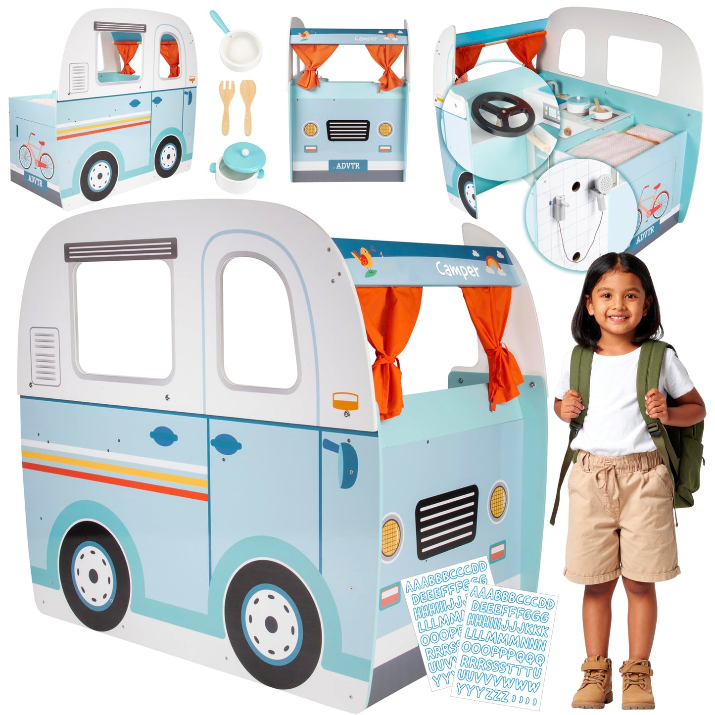 Wooden Play Camper Van Toy Playset w Steering Wheel, Kitchen, Stove, Oven, Bed, Pillow, Pretend Shower, Curtains, Personalization Stickers- Indoor Retro Car Camping, Travel RV Adventure- Ages 3+ Gift