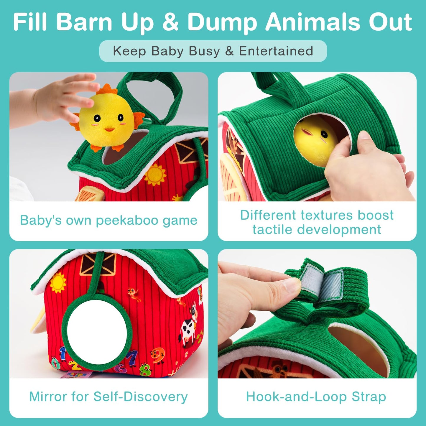 NECTAR BABY Soft Baby Sensory Toys - First Surprise Barn with 6 Stuffed Farm Animals - Rattles, Crinkles, Squeak, Mirror - Montessori Toys for 6-12 Months Infant & 1-3 Years Toddler Gifts & Travel Toy