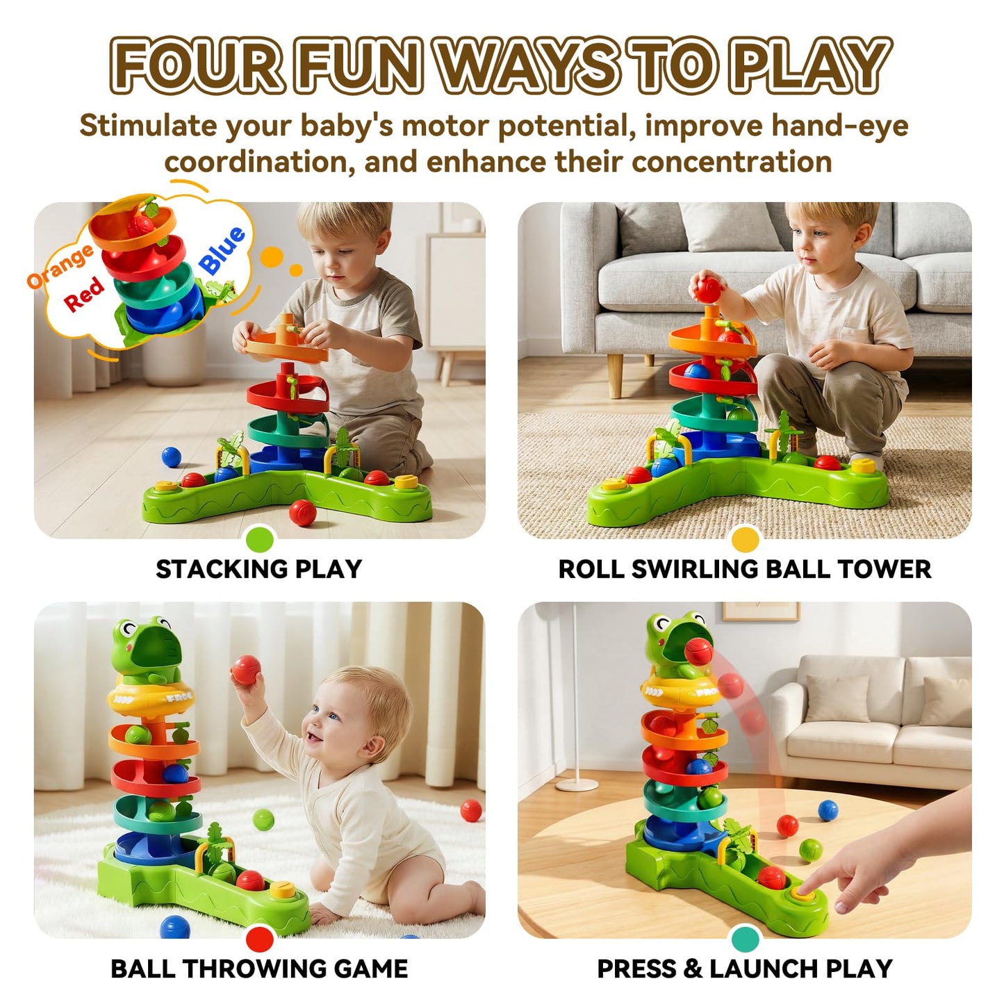 KNMDU Frog Ball Drop Toy for Kids, 5 Layer Roll Swirling Ball Tower with 12 Balls, Spin and Learn Shoot Balls Drop Montessori Toy, Gifts for Toddler Boys Girls 2 3 4 5 6 7 8+ Years Old (2 Player)