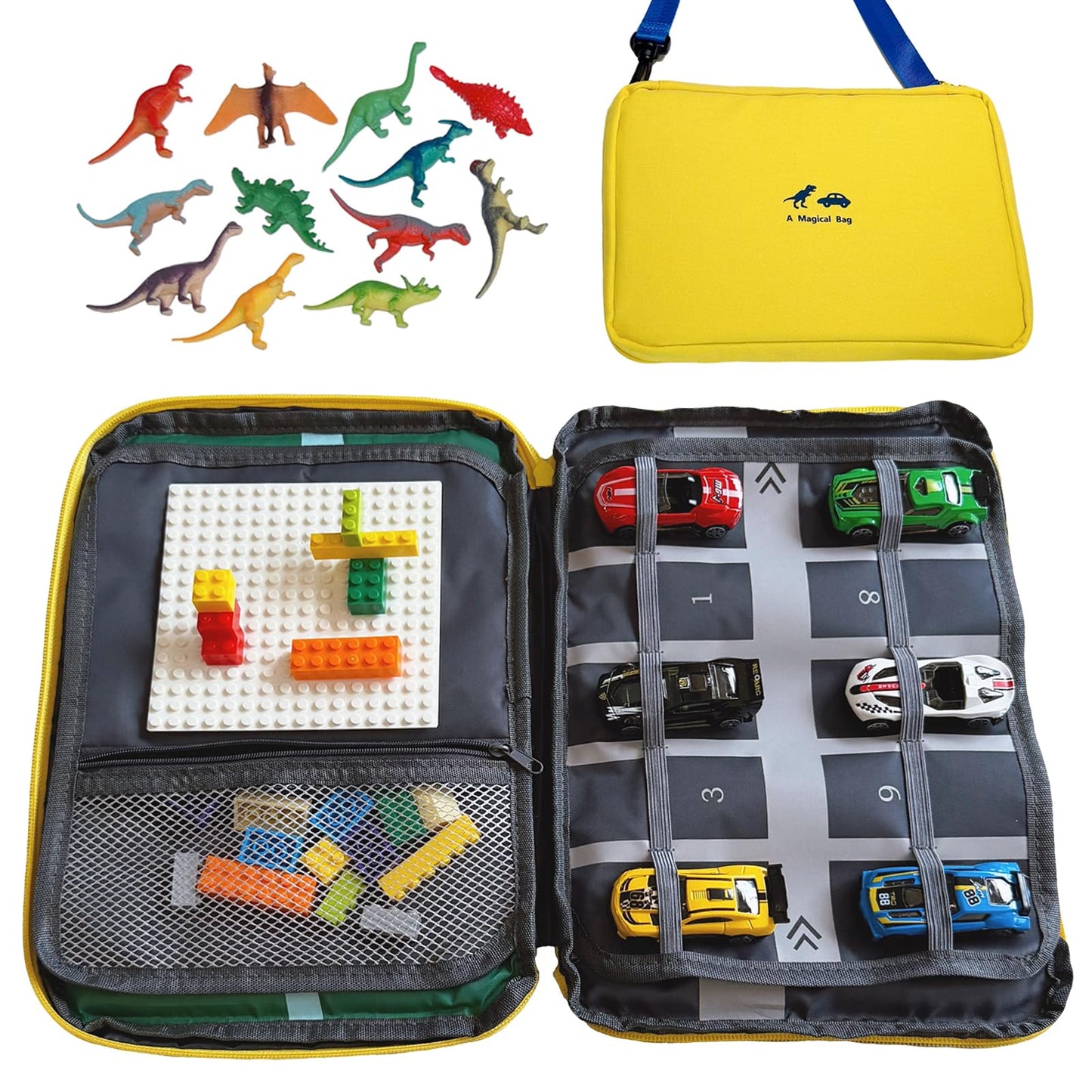 Portable kids toys storage bag with alloy toy cars, simulated dinosaurs, building blocks, base plates and a city road map. Educational travel toy set, suitable as a birthday gift for children aged 3-6