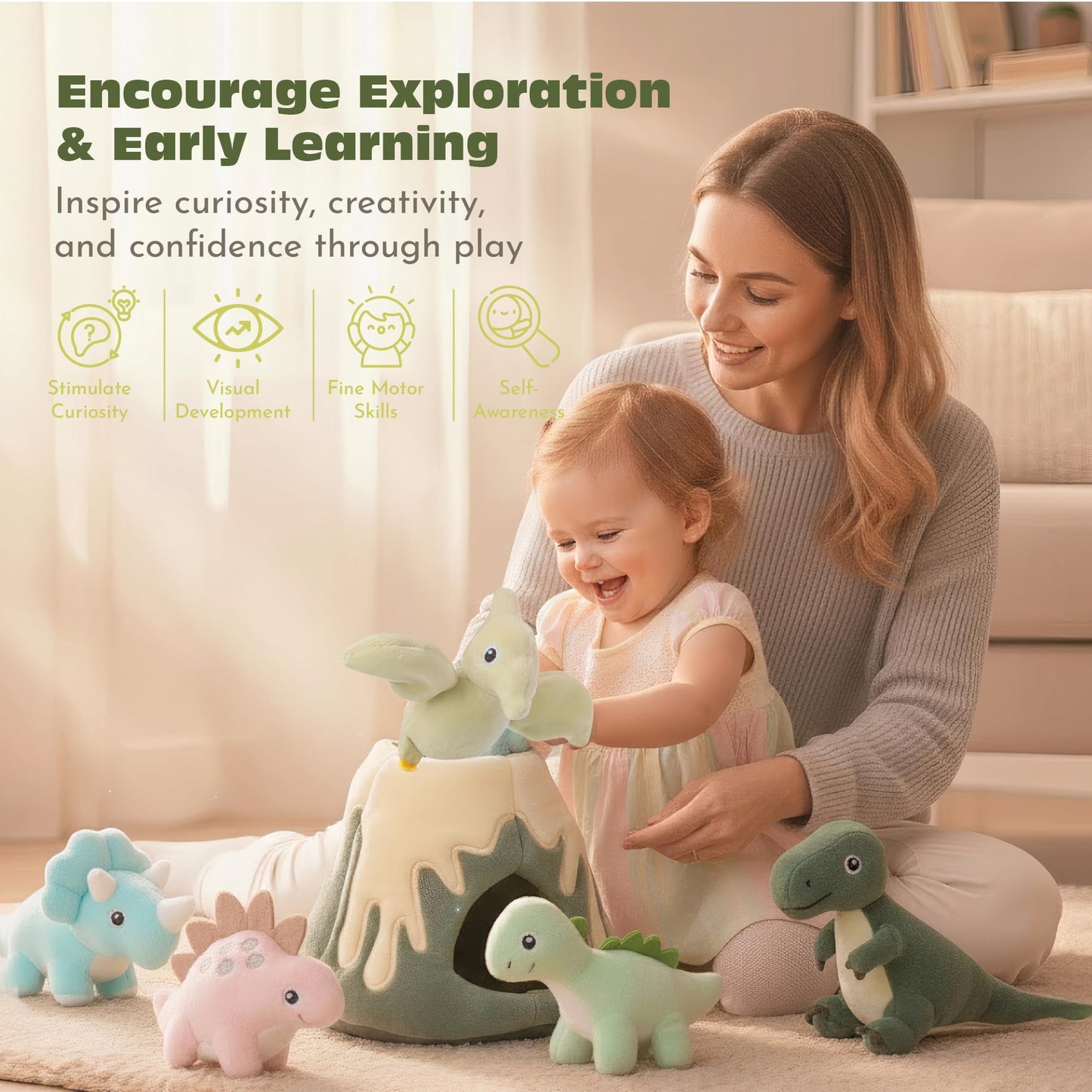 PIIKAGO Baby Toys 6-12 Months – My Little Volcano with 5 Stuffed Dinosaurs, Montessori Toy with Rattle, Crinkle, Squeaker, Sensory Toys for Toddlers 1-3, Early Development Christmas Birthday Gift