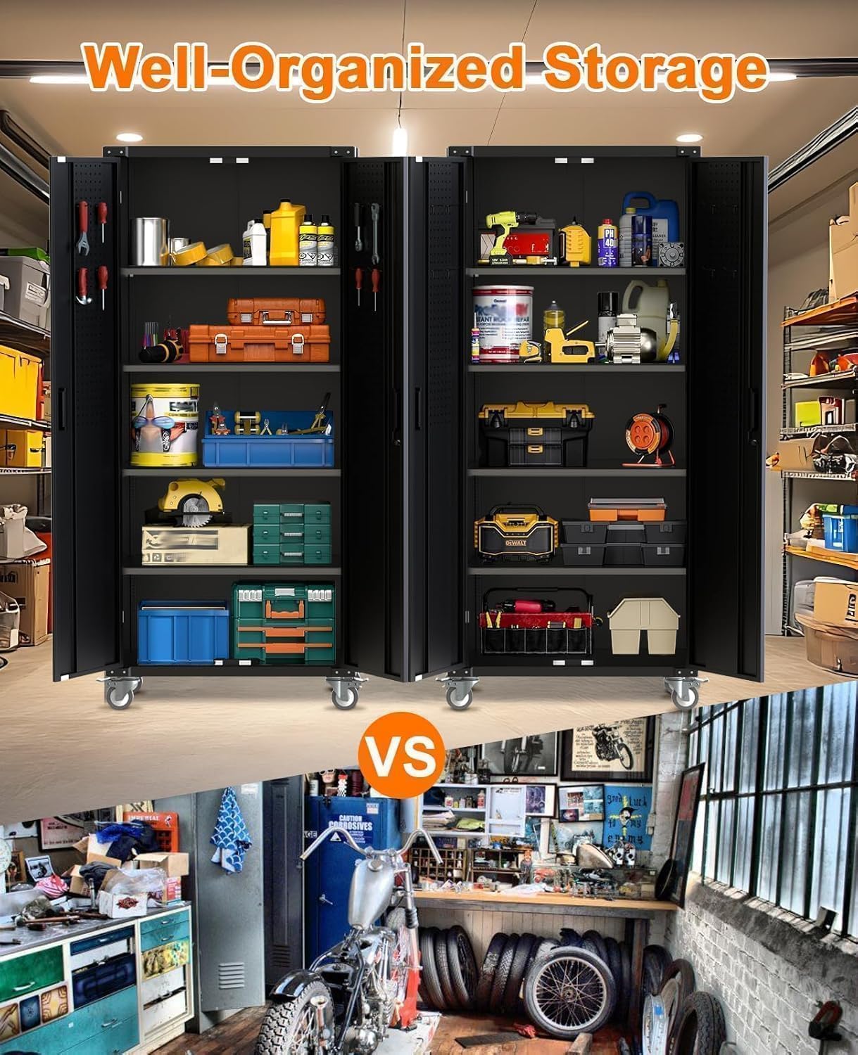 Metal Garage Storage Cabinets - 72"H Tool Cabinet & Office Storage Cabinet With 4 Adjustable Shelves,600 Lbs Capacity & 1.58" Thickened Steel Frame For Workshop,Home,Garage & Office Organization