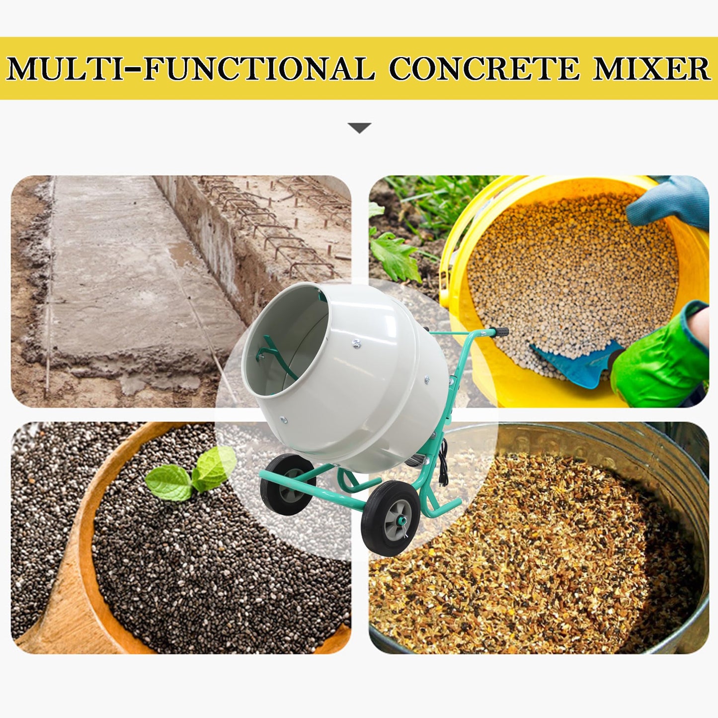HQHAOTWU Electric Cement Mixer Concrete Mortar Steel Mix Drum Hand-pushed Movable Concrete Mixer Machine 5.3 Cubic Ft/150L Cement Mixing Drum for Stucco with Wheel and Stand