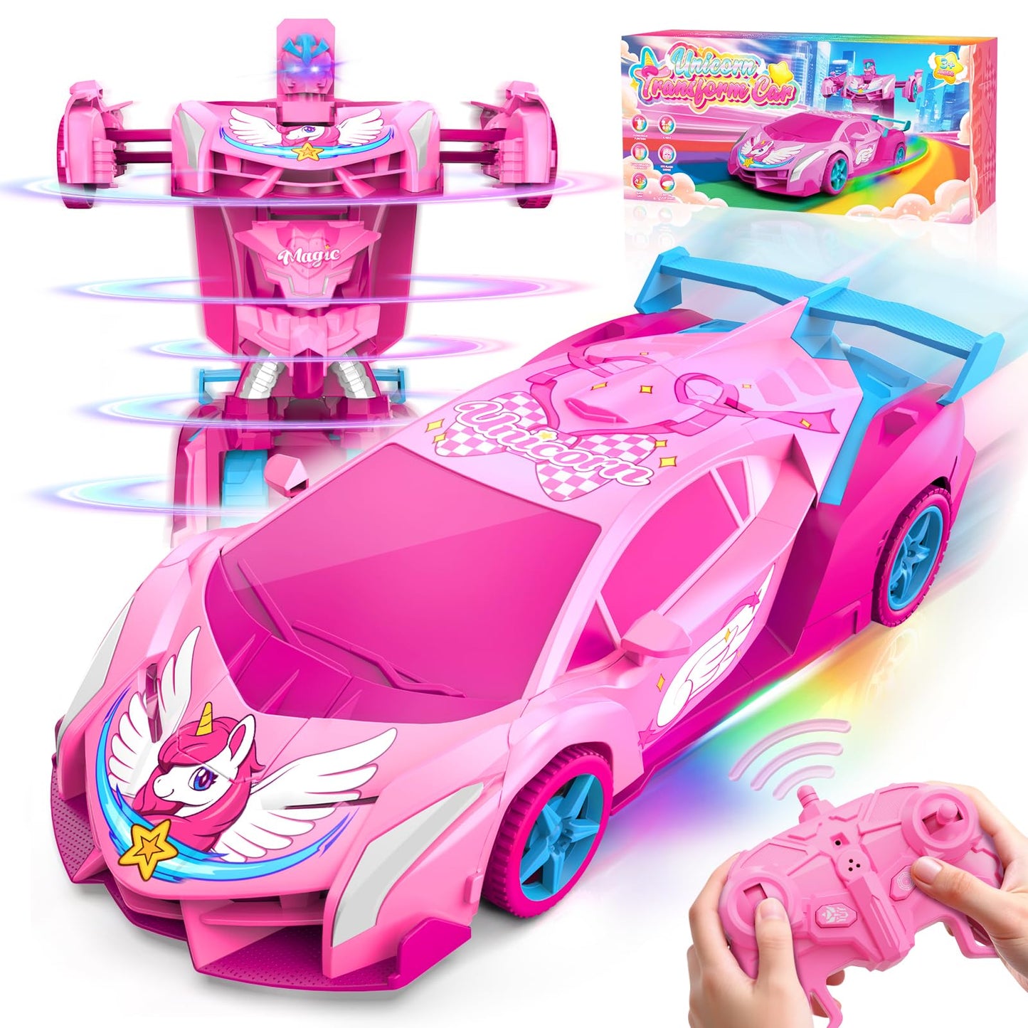 Unicorn Transform RC Cars for Girls Toys with Rainbow Eyes & Underbody Lights, Fast 360°Rotation&2.4GHz Robot Remote Control Car One-Button Deformation,Kids Toys Birthday Gifts for 3-12 Year Old Girls