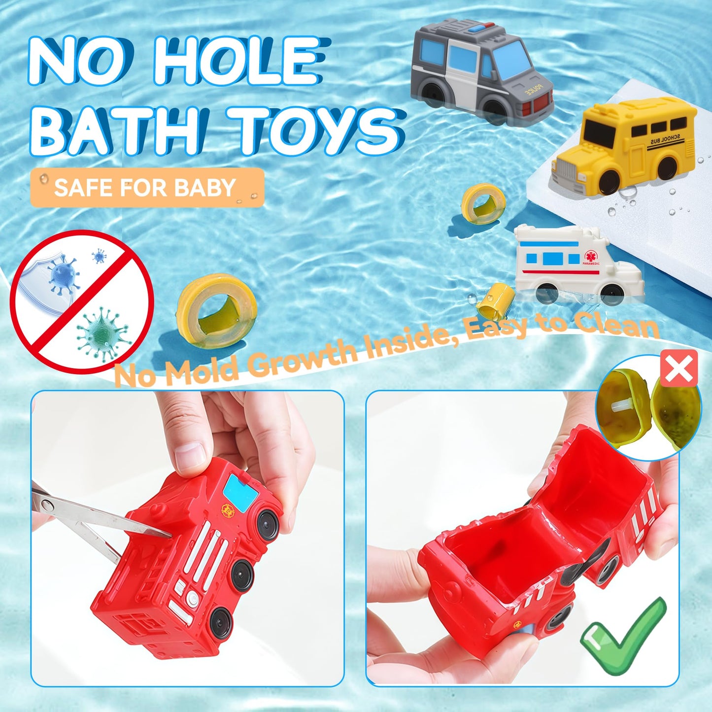 Mold Free Bath Toys with Mesh Storage Organizer, 6 Packs No Hole Baby & Toddler Bathtub Toys: Water Floating Vehicles Truck School Bus Car Toys, Sealed Soft Silicone Rubber Bath Toys for Kids Ages 0+