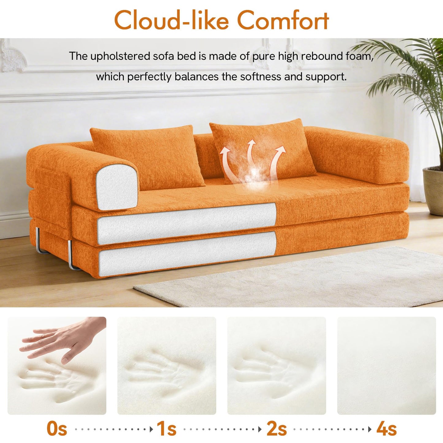 KozyNutria 81" Convertible Sofa Bed with Storage Pockets, 5-in-1 High Density Foam Boneless Couch, Corduroy Folding Futon Sleeper Sofa for Living Room Bedroom Apartment, No Assembly Required, Orange