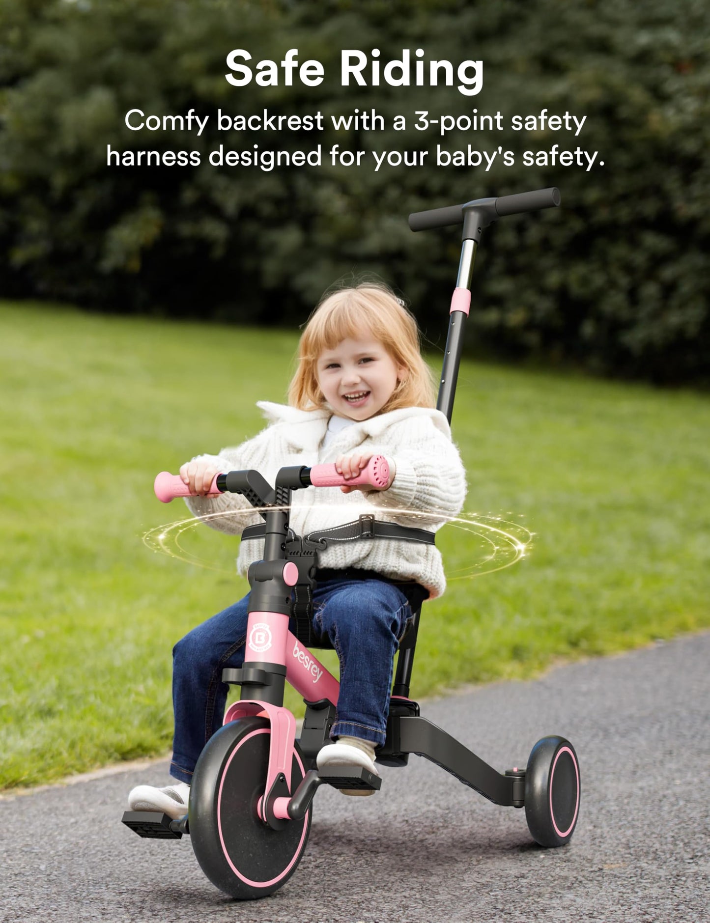 besrey 4 in 1 Toddler Bike, Toddler Tricycle for 1-3 Year Old, Trike with Push Handle, Backrest and Safety Belt, Birthday Gifts and Toys for Boys and Girls, Balance Bike