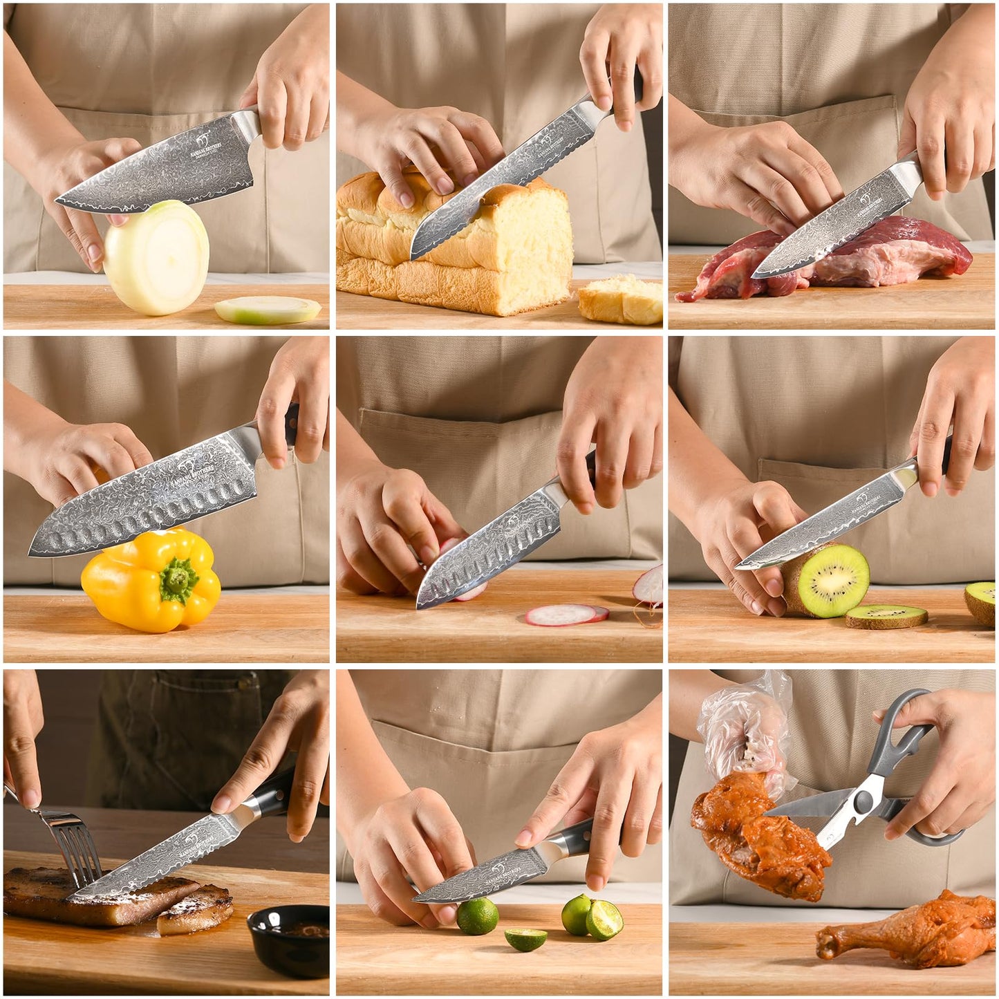 NANFANG BROTHERS Knife Set, 16-Pieces Damascus Kitchen Knife Set with Block, ABS Ergonomic Handle for Chef, Carving Fork, Disconnect-type Knife Block Set (Gray)