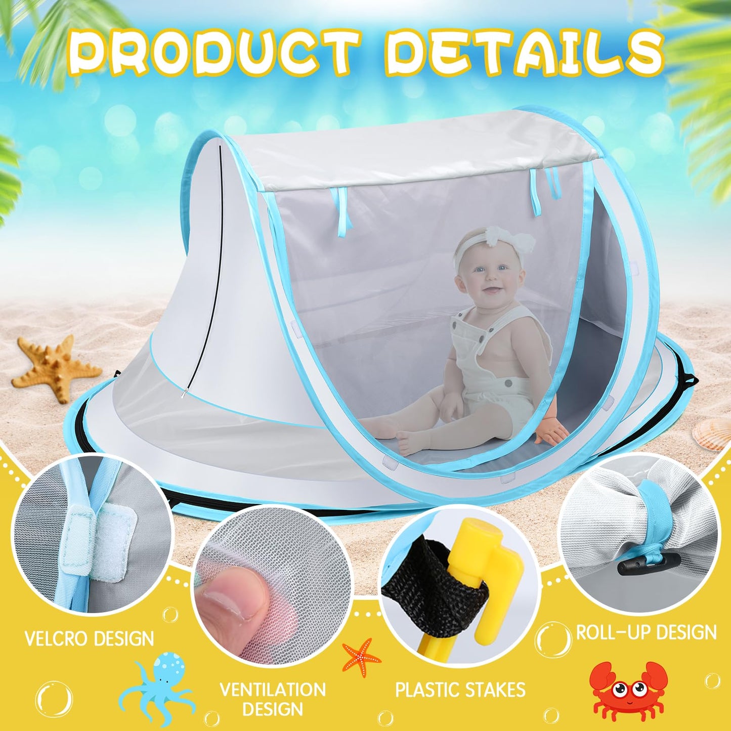Baby Beach Tent,Large Pop Up Sun Shade,Portable Baby Travel/Play Tent with Mosquito Net,Indoor,UPF 50+ UV Protection Sun Shelters