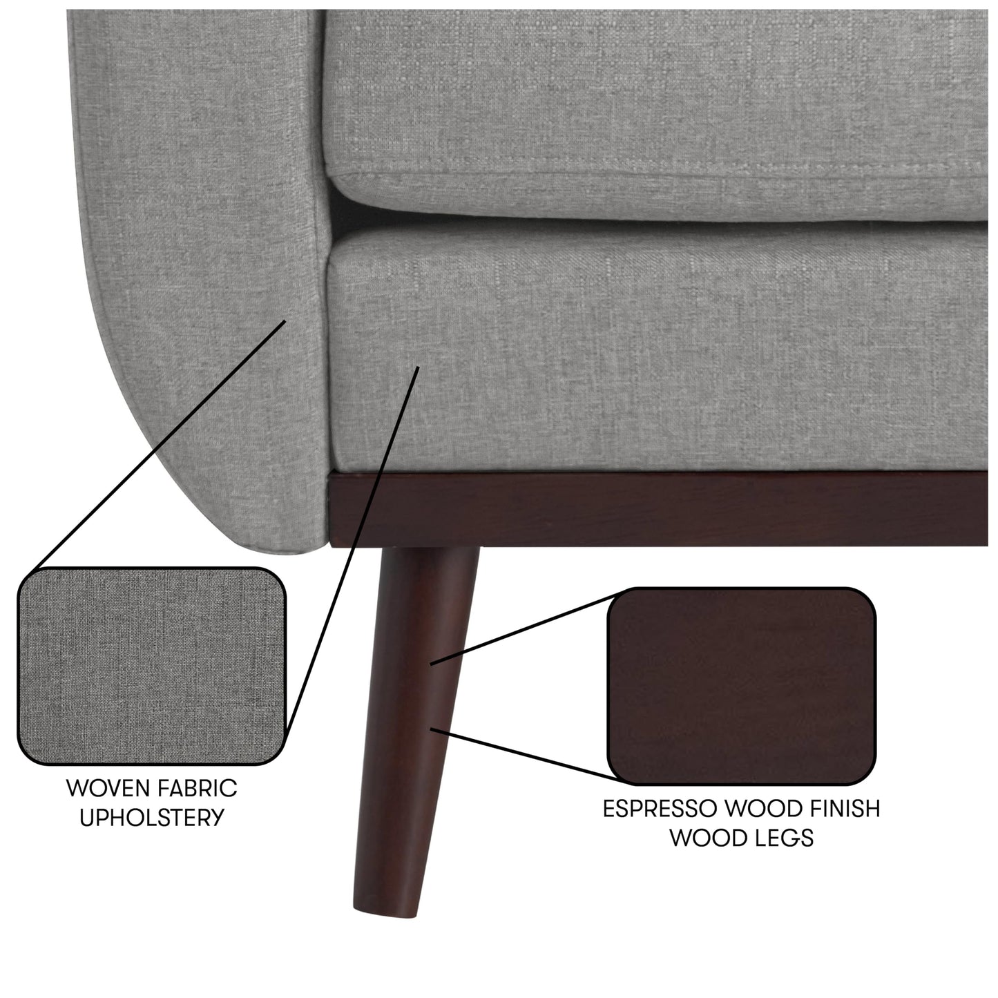 Serta® David 61.2" Modern Sofa, Tufted Back Cushion, Rounded Arms, Solid Wood Legs, Dream Coil® Comfort, Woven Polyester Fabric, Gray