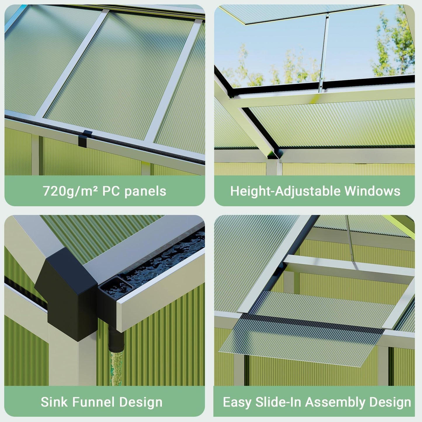 6X10FT Greenhouse, Aluminum Polycarbonate Green House, Green Houses for Outside with Sliding Doors, Outdoor Greenhouse with Ajustable Roof Vent, Withstands Bad Weather for Garden, or Backyard, Silver