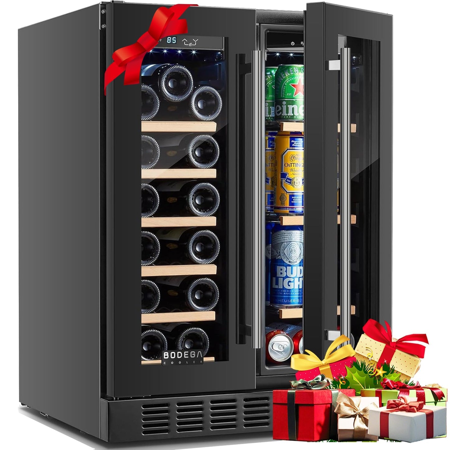 BODEGA Beverage Refrigerator Black, 24 Inch Dual Zone Wine and Beverage Cooler Under Counter, Drink Fridge for Beer, Soda, Wine, Champagne, Holds 41 Cans and 17 Bottles