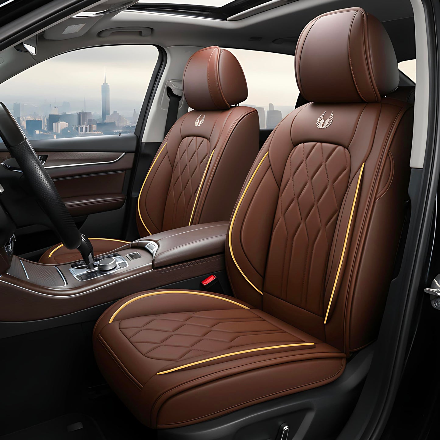 OASIS AUTO Car Seat Covers Premium Waterproof Faux Leather Cushion Universal Accessories Fit SUV Truck Sedan Automotive Vehicle Auto Interior Protector Full Set (Coffee)
