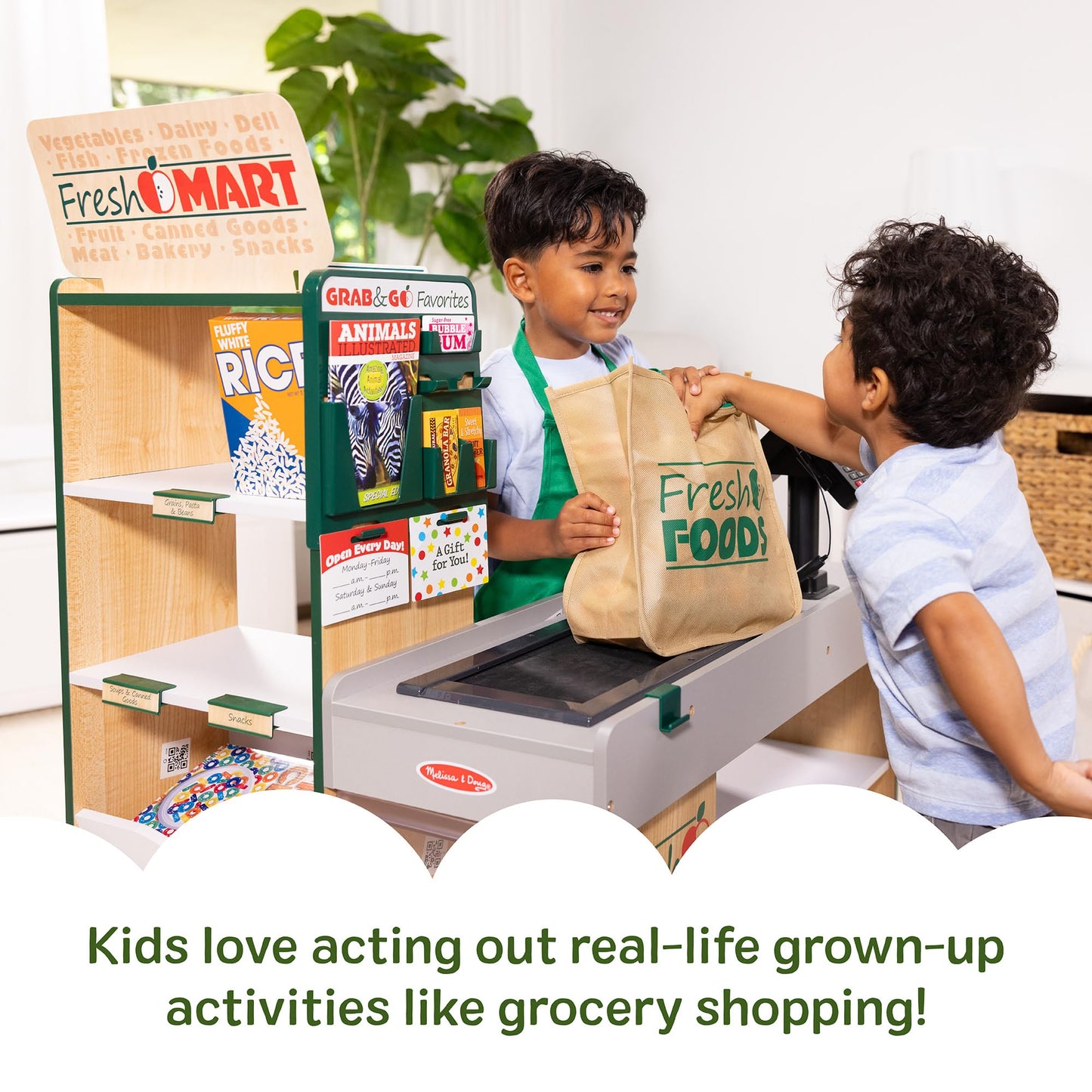Melissa & Doug, Fresh Mart Pretend Grocery Store, Kids Cash Register with Scanner, Shelves, & Conveyor Belt, Kids Toys for Girls & Boys