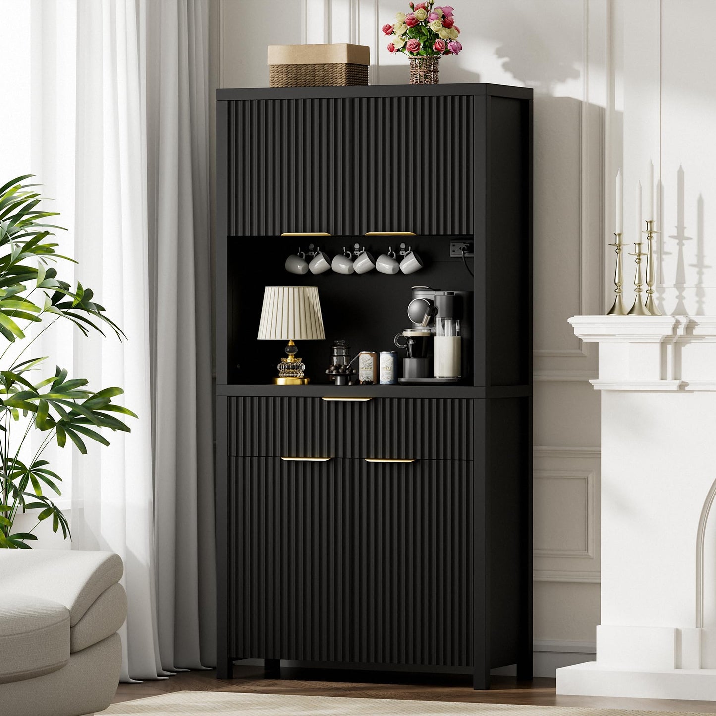 Lulive 71" Fluted Pantry Cabinet with Charging Station & Adjustable Shelves, Spacious Kitchen Storage Cabinet with Open Countertop & Drawer for Dining Room, Living Room, Black