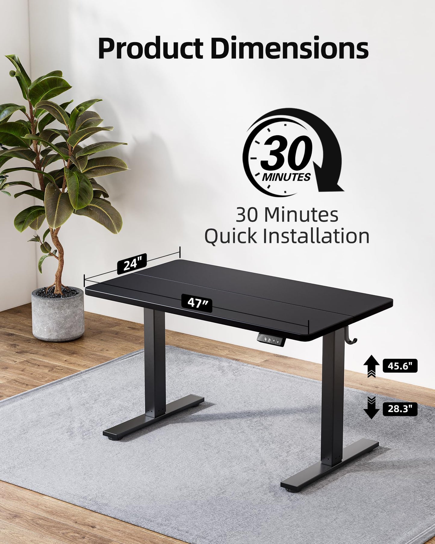 TIQLAB Standing Desk 47 x 24 inch, Electric Height Adjustable Desk with Splice Board, Stand Up Desk, Sit Stand Computer Desk for Home Office, Black Frame/Black Top