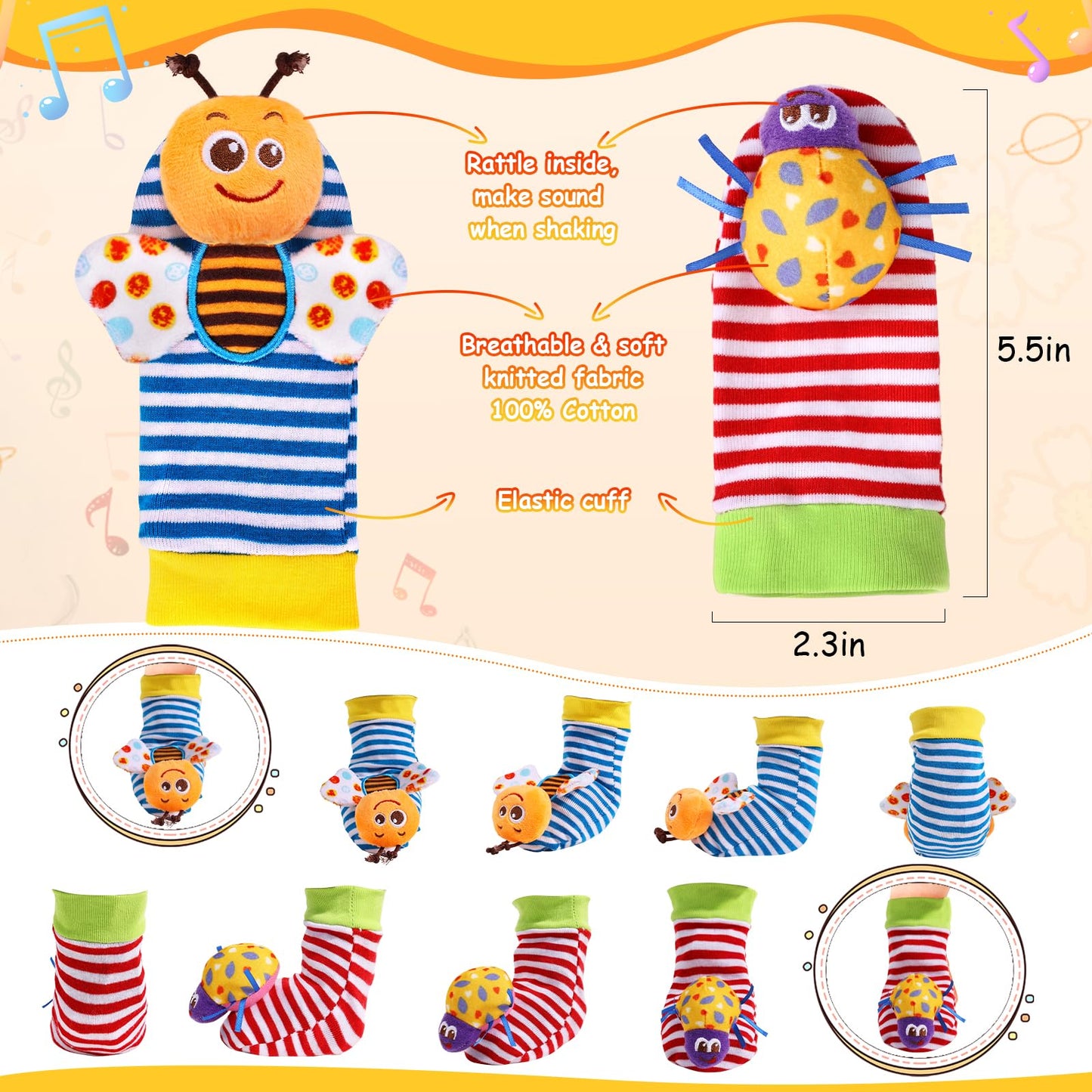 Wrist Rattle Foot Finder Socks Set for Baby Arm Hand Rattle Feet Leg Ankle Socks Newborn Soft Sensory Toys Baby Socks Newborn Rattles Toys Easter Gifts 0-3 6-12 Months Infant Girl Boy