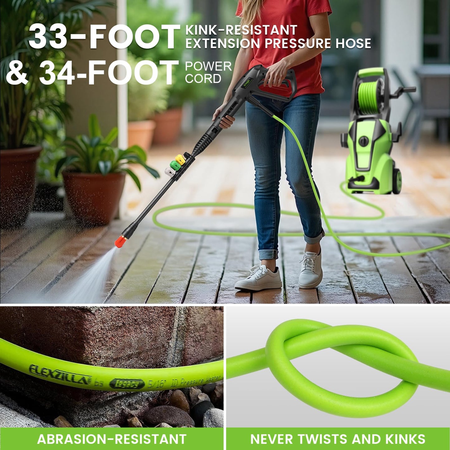 Commowner Pressure Washer 5000PSI Adjustable Pressure Power Washers with 33ft Hose, 4 Nozzle and Foam Cannon, Powerwashers Cleaner Machine for Home, Cars, Light Green
