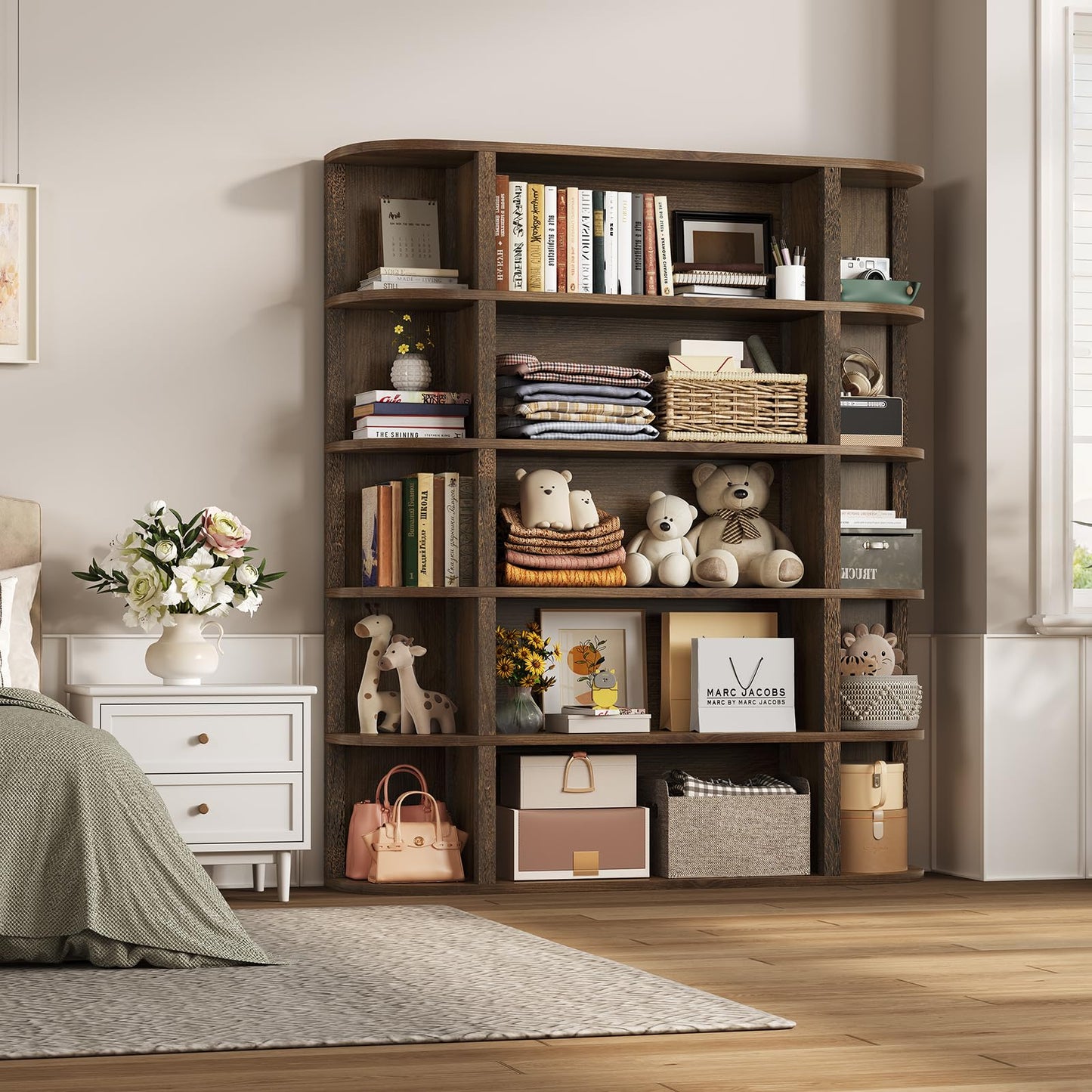 TVU 5-Tier Wood Book Shelf, 47" Wide Large Bookshelf and Bookcase, 62" Tall Bookshelf with Curved Side Shelves, Freestanding Wood Display Book Shelves for Living Room, Home Office, Walnut