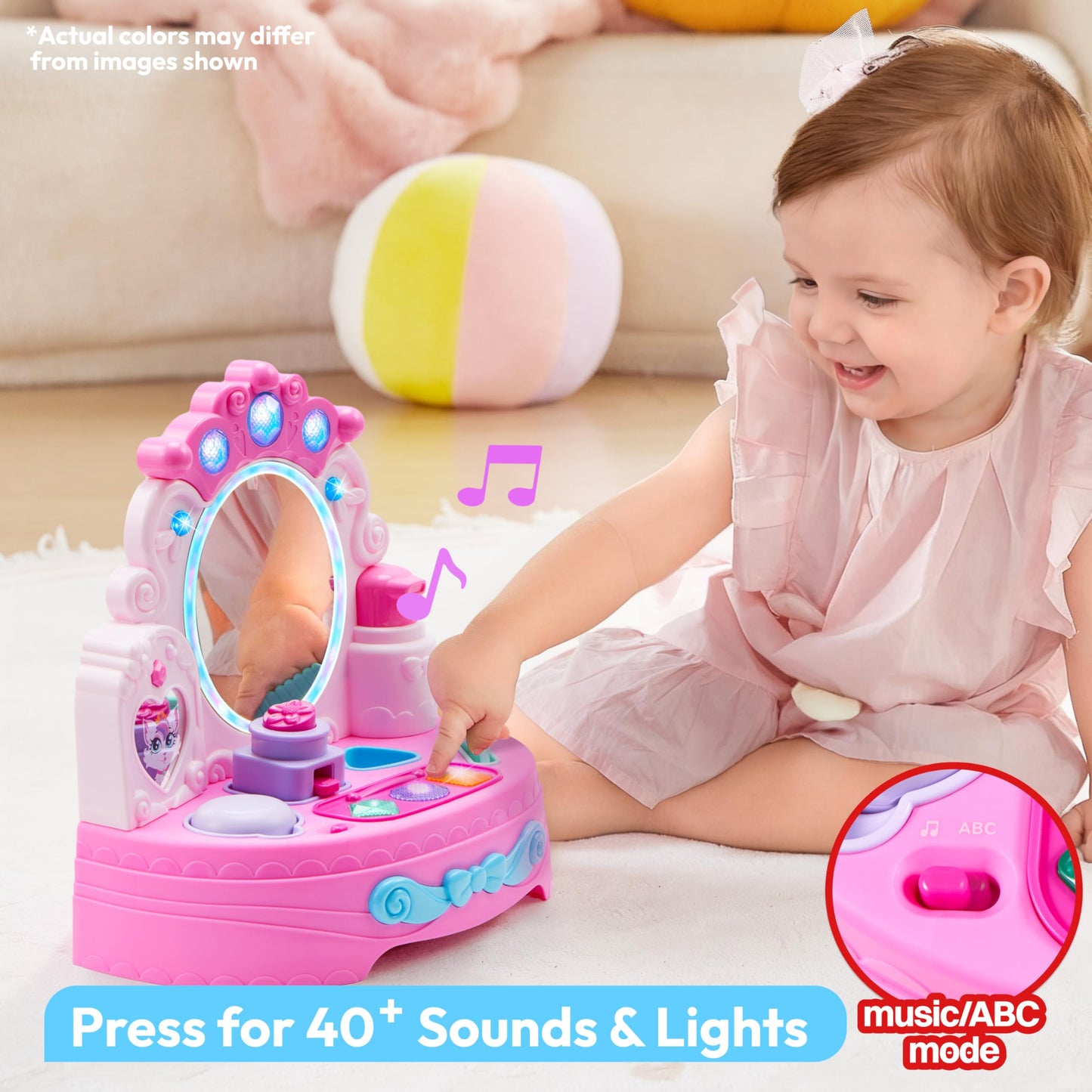 lalalark Toddler Vanity & Baby Vanity Mirror Toy, Interactive Pretend Vanity Set with 40+ Sounds and Music, Learn Musical Mirror Toy, Birthday Gift for 6 Months+ 1 2 3 Year Old Kids Girls
