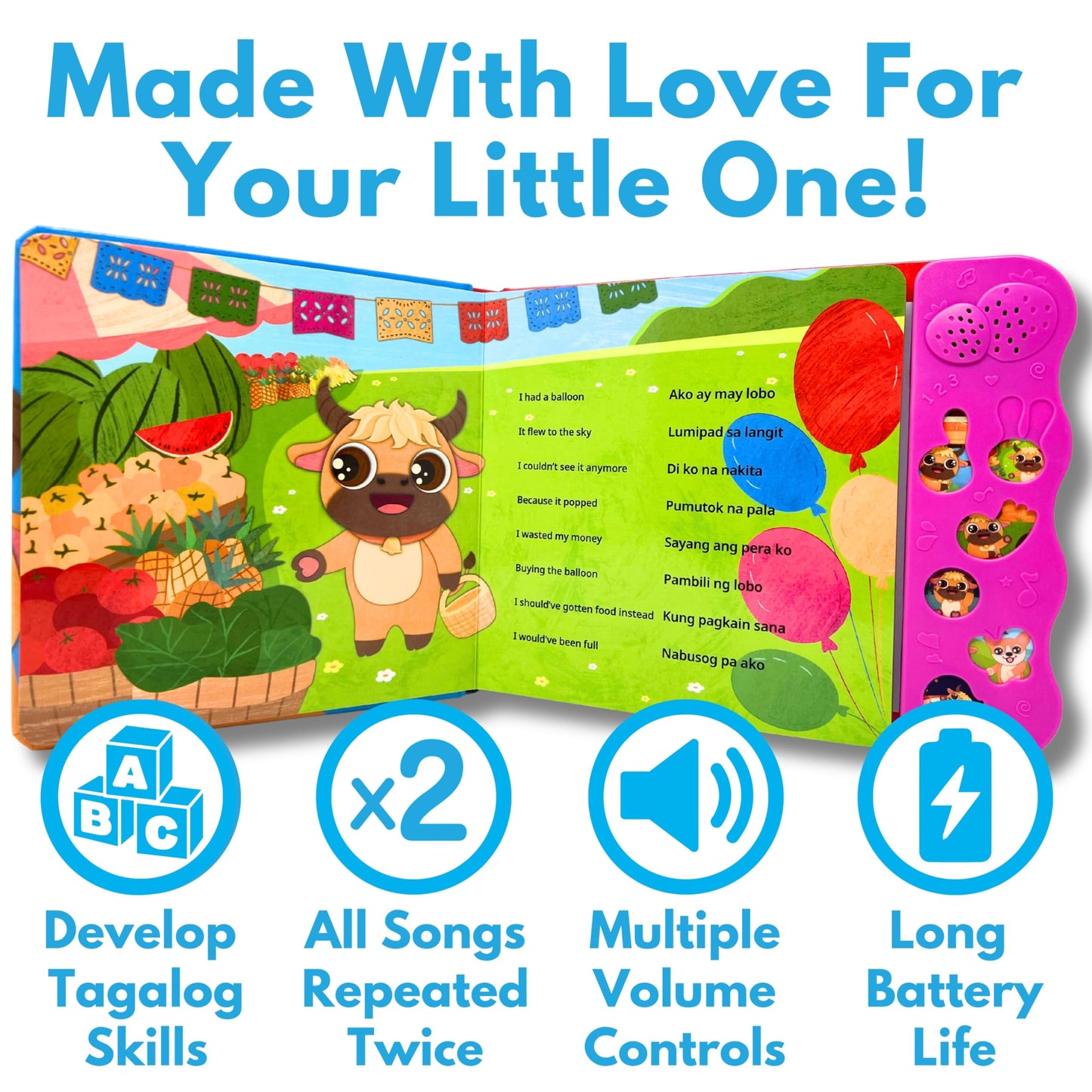 Tin Tin Learns Tagalog Vol. 1 — Interactive Sound Board Book for Toddlers 1-3, Bilingual English & Filipino Songs & Nursery Rhymes, Talking Musical Book, Musical Toy Gift for Babies & Kids
